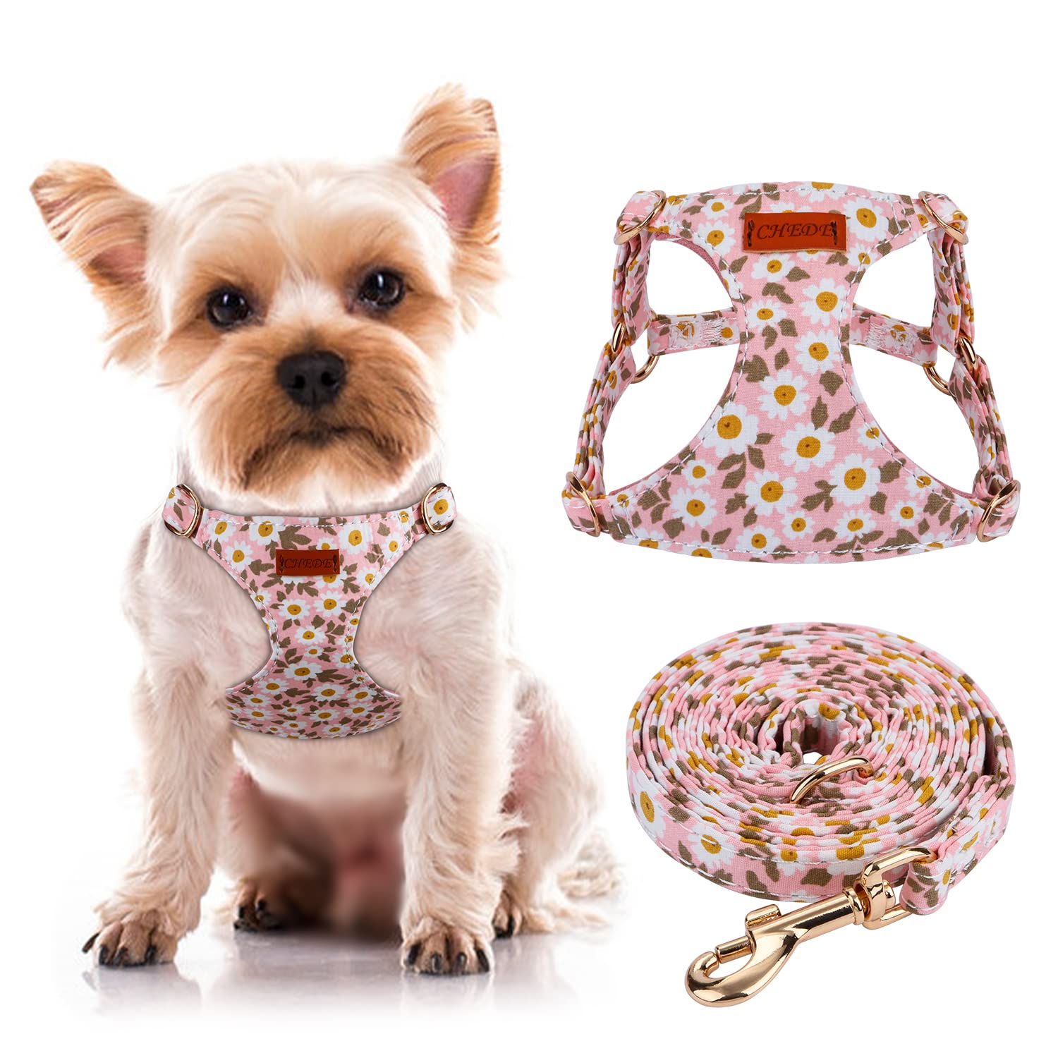 Chede No Pull Floral Pattern Dog Harness- Lightweight, Soft, Adjustable Small Harness And Leash Set, Suitable For Puppy Small And Medium-Sized Dog (Xs, Pink Daisy)