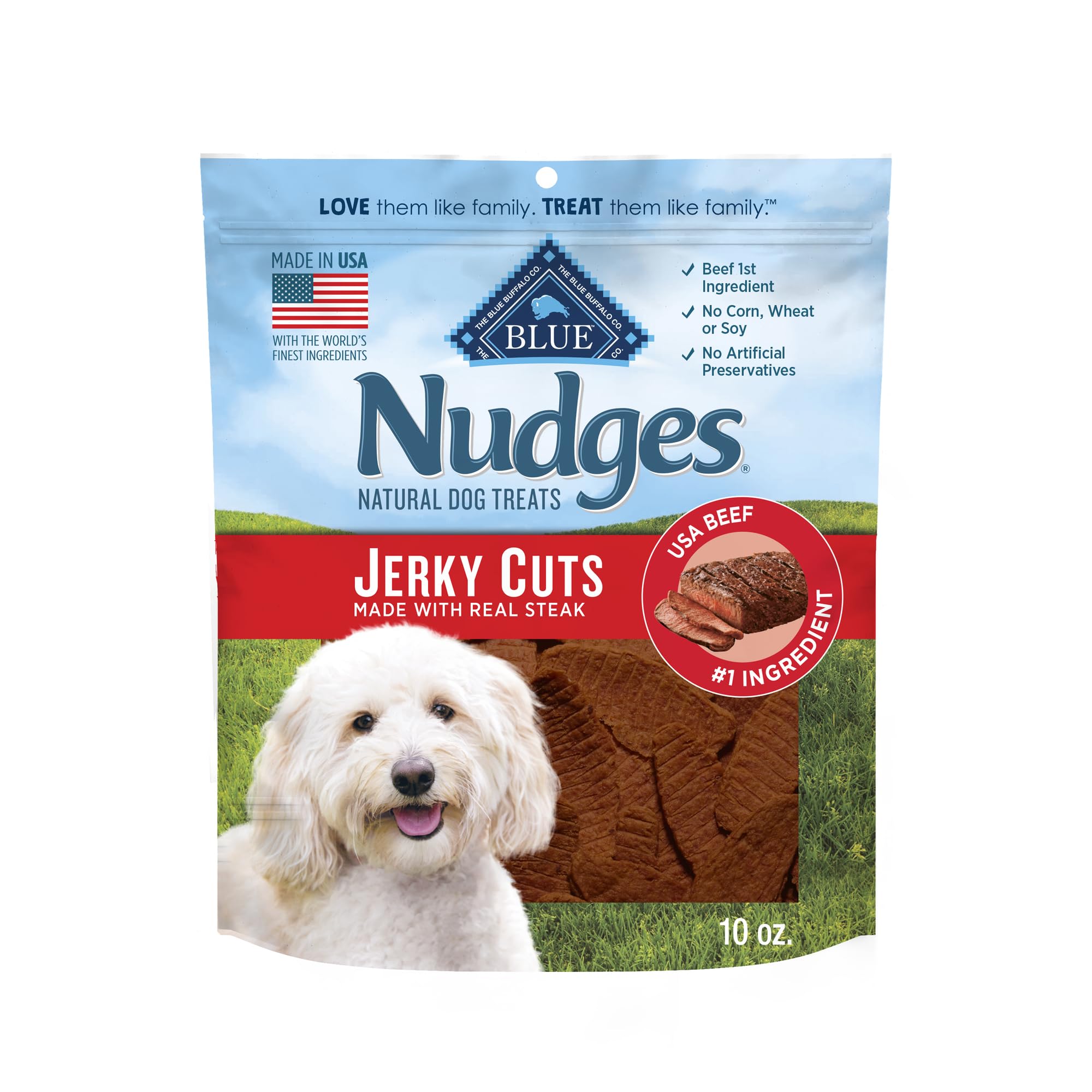 Blue Buffalo Nudges Jerky Cuts Dog Treats, Made in the USA with Natural Ingredients, Steak, 10-oz Bag