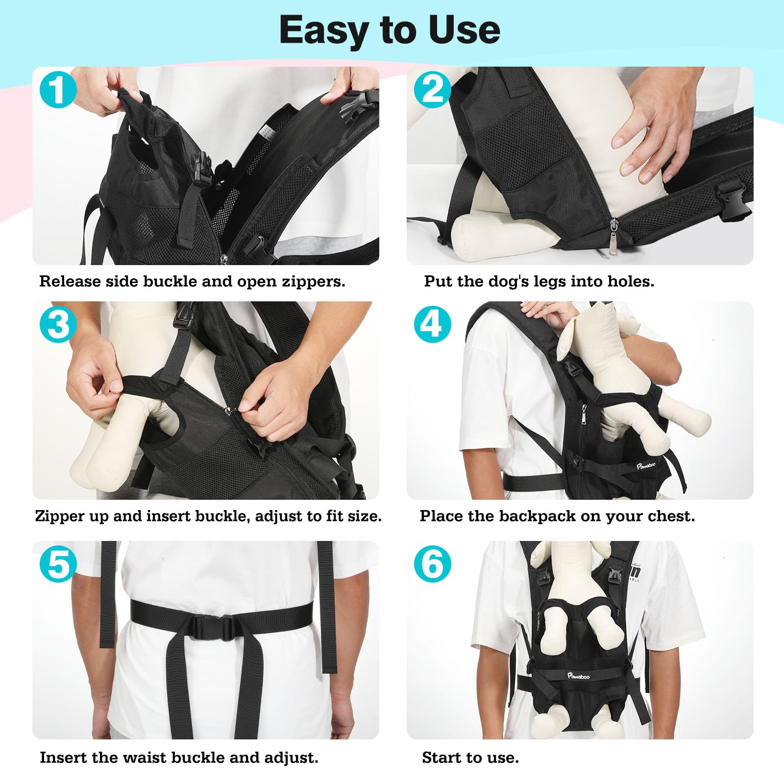 Pawaboo Pet Dog Front Carrier Backpacks, Legs Out Pet Carrier Backpack for Dogs, Adjustable Easy-fit Dog Chest Carriers for Smal