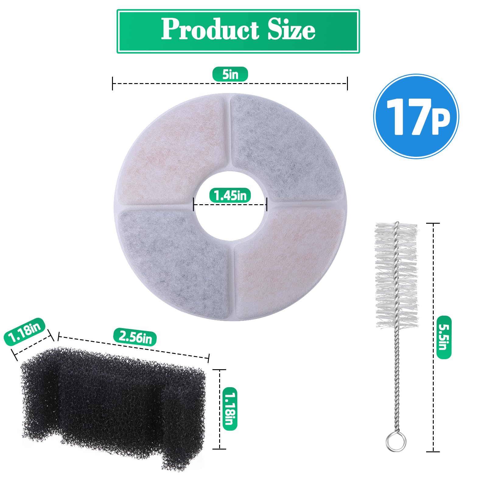 Cat Water Fountain Filter Replacement - 12 Filters + 4 Sponges & Brush For Stainless Cat Fountain | Cat Fountain Filter Removes