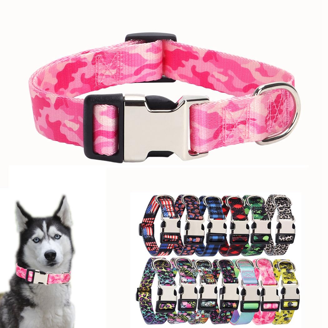 Pink Camo Dog Collars For Large Dogs, Pretty Pattern Print Camouflage Dog Collar Metal Buckle Durable Soft Girl Puppy Collars Fo