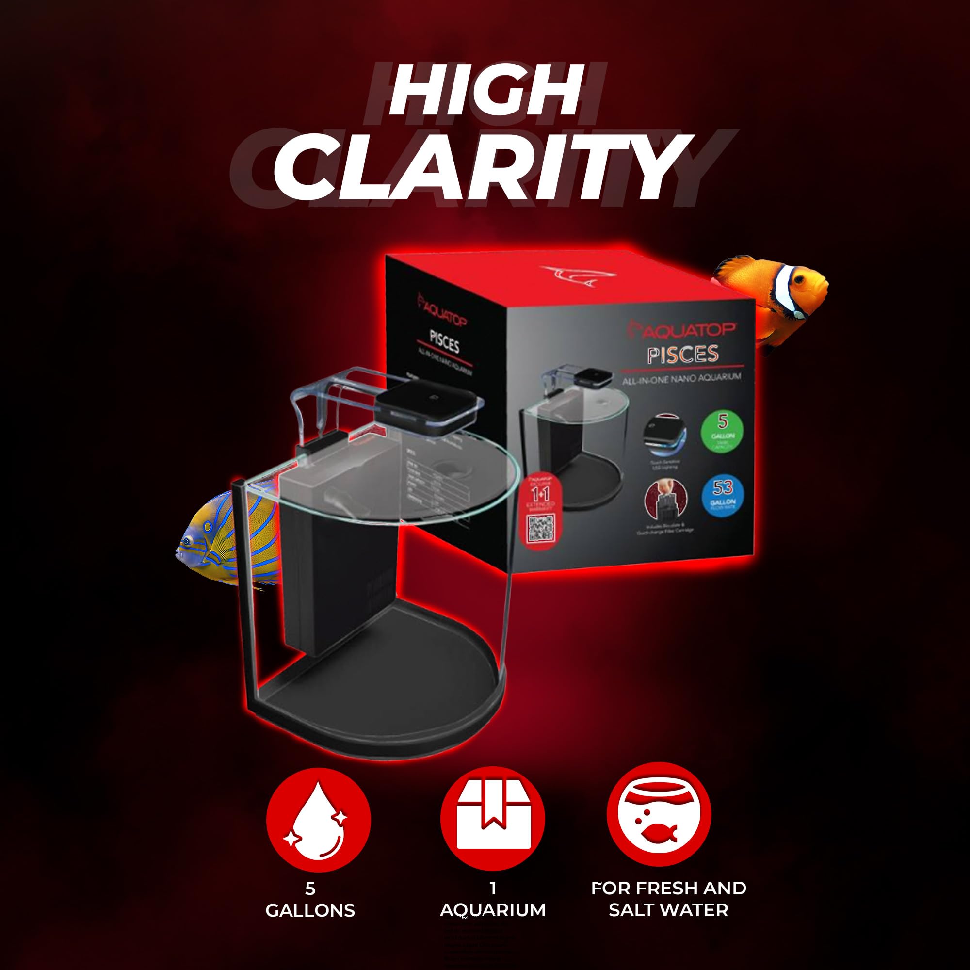 Aquatop Pisces Curved Bowfront Aquarium, 5 Gallons, 53Gph – Nano Semi-Circle Glass Aquarium Kit, For Salt & Freshwater Fish Tanks, Touch Sensitive Led Light, All In One Tank With Filter