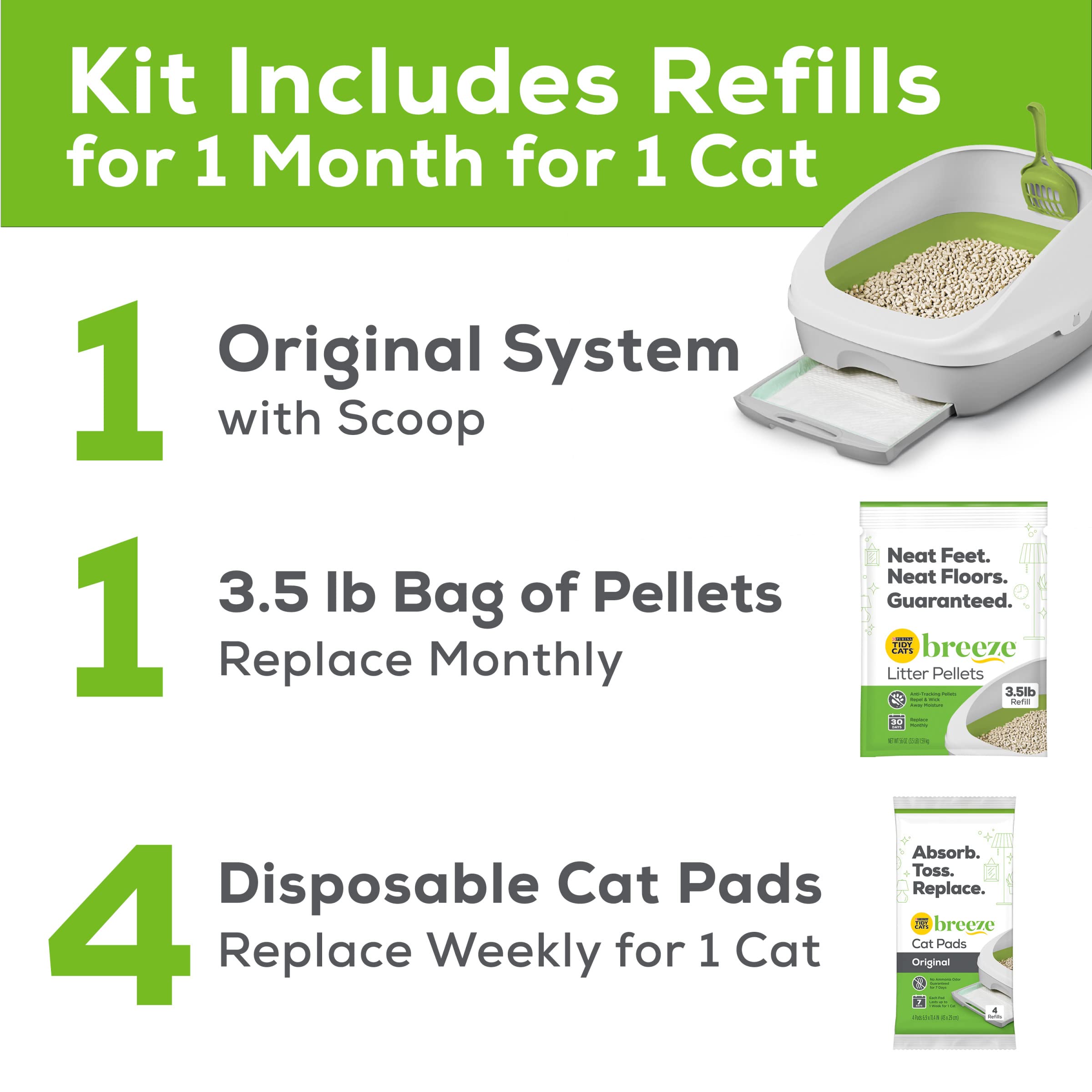 Tidy Cats BREEZE Litter Box System Starter Kit, 7.8 lb, Green, Model 00070230127334, Includes Litter Pellets & Pads