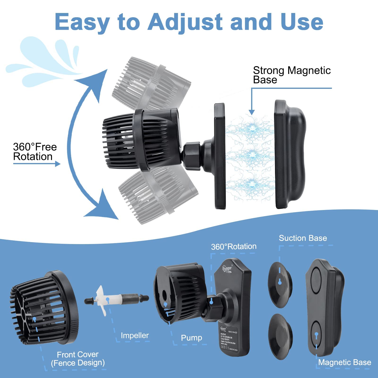 hygger 2100 GPH Aquarium Wave Maker Pump with Strong Magnetic Suction Base, Ultra-quiet 360 Degree Rotating Submersible Power He