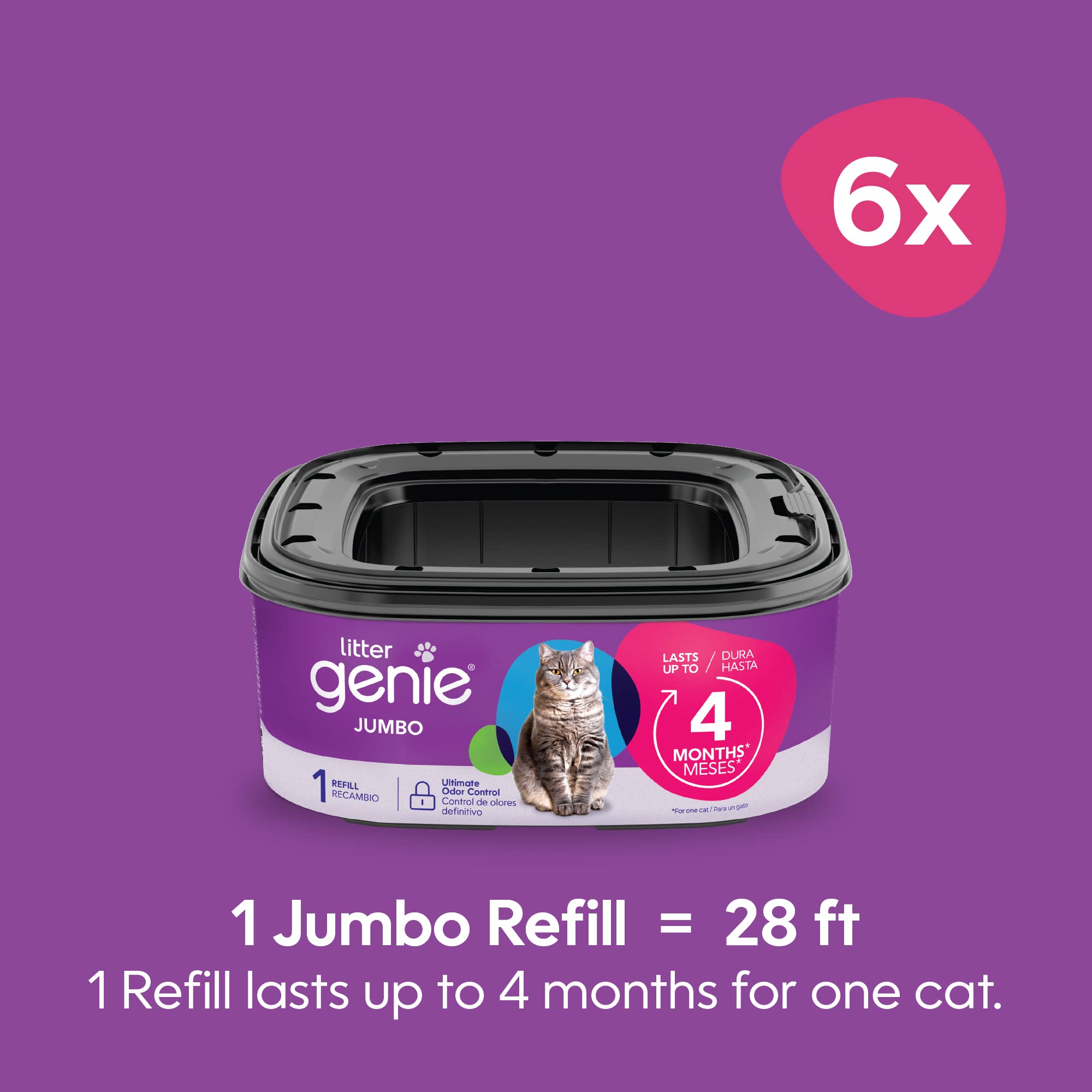 Litter Genie Refill Bags | Jumbo 6-Pack | Up To 24 Months Of Supply In 6 Cartridges | Ultimate Odor Control Cat Litter Bags