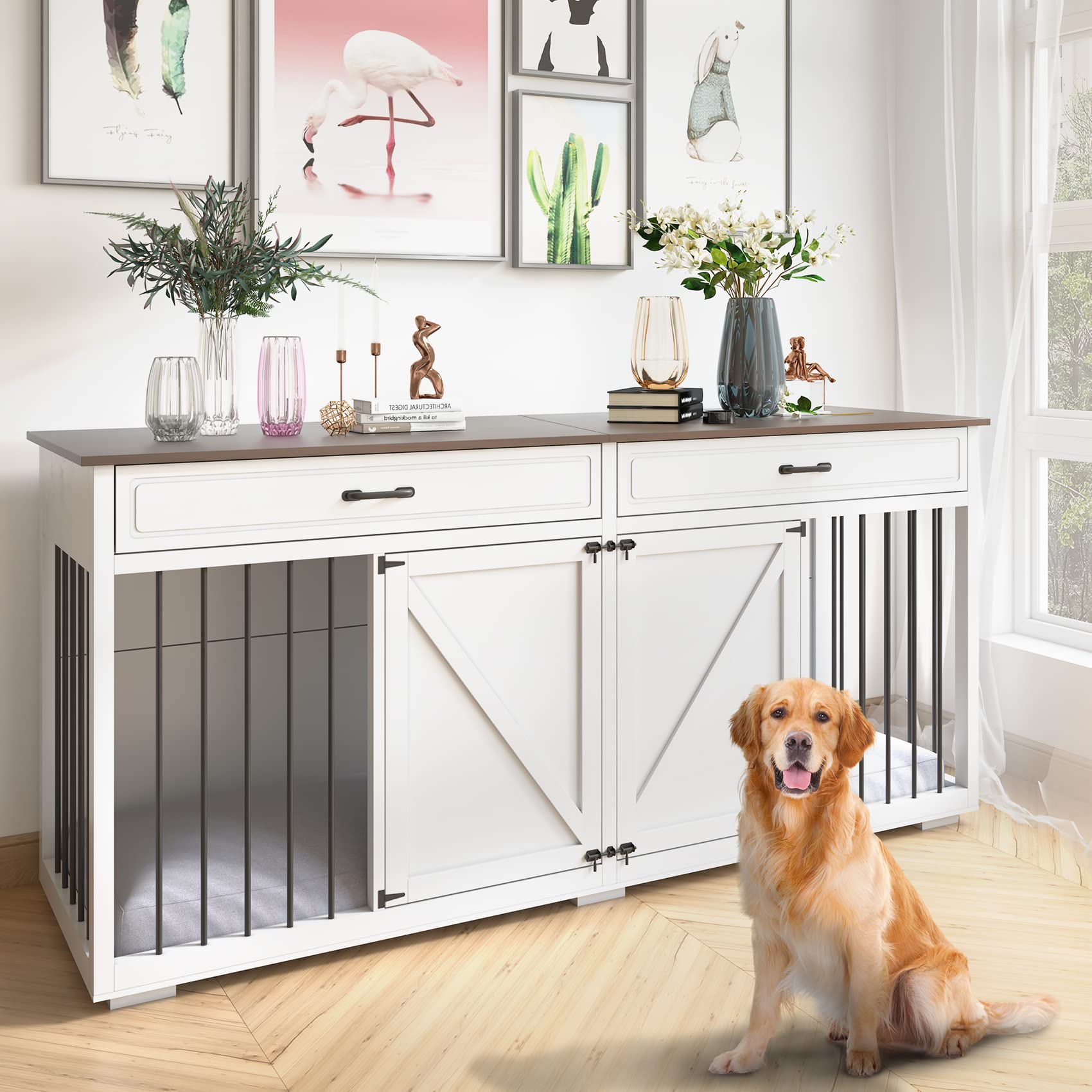 Dog Crate Furniture Indoor - Farmhouse Wooden Dog Kennel with Room Divider and 2 Drawer, Double Doors with Locks, 72   x23   x34