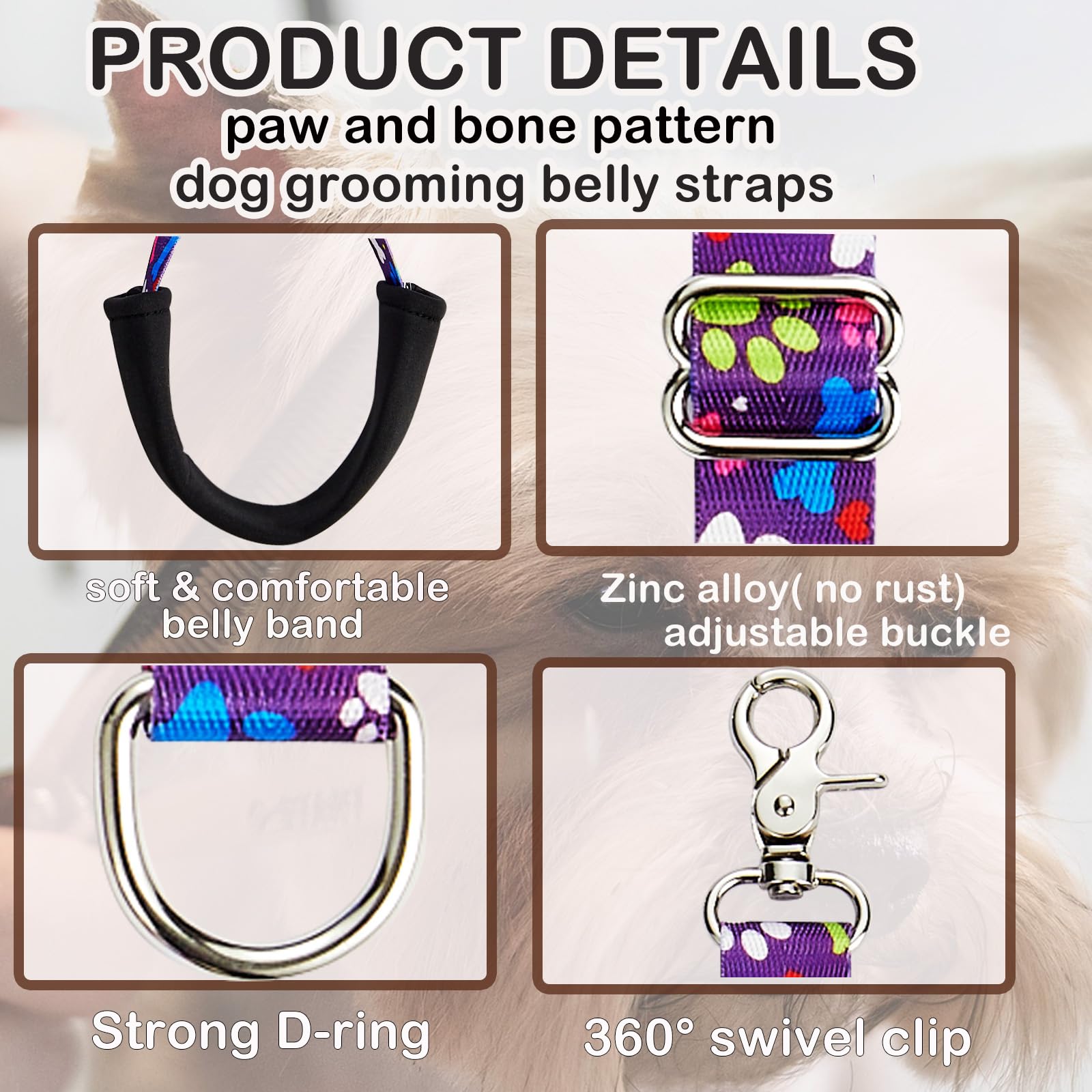 Fursdoly Dog Grooming Belly Straps - Pet Dogs Grooming Belly Band Dog Grooming Table Arm Accessories Cute Paw And Bone Pattened