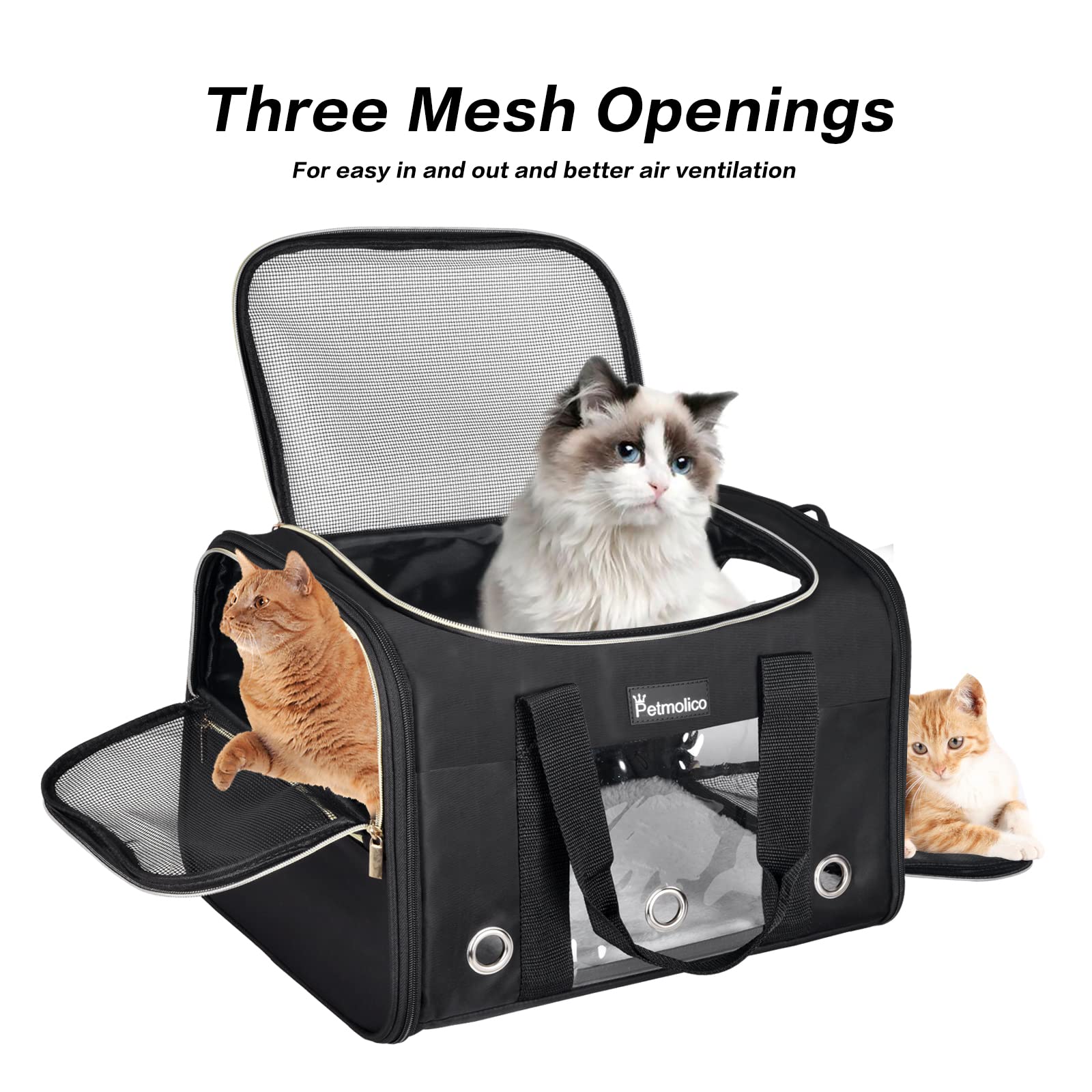 Petmolico Cat Carrier Soft-Sided Pet Bag For Small Medium Cats Puppies 16Lbs - Airline Approved Pet Travel Carrier 3 Open Doors