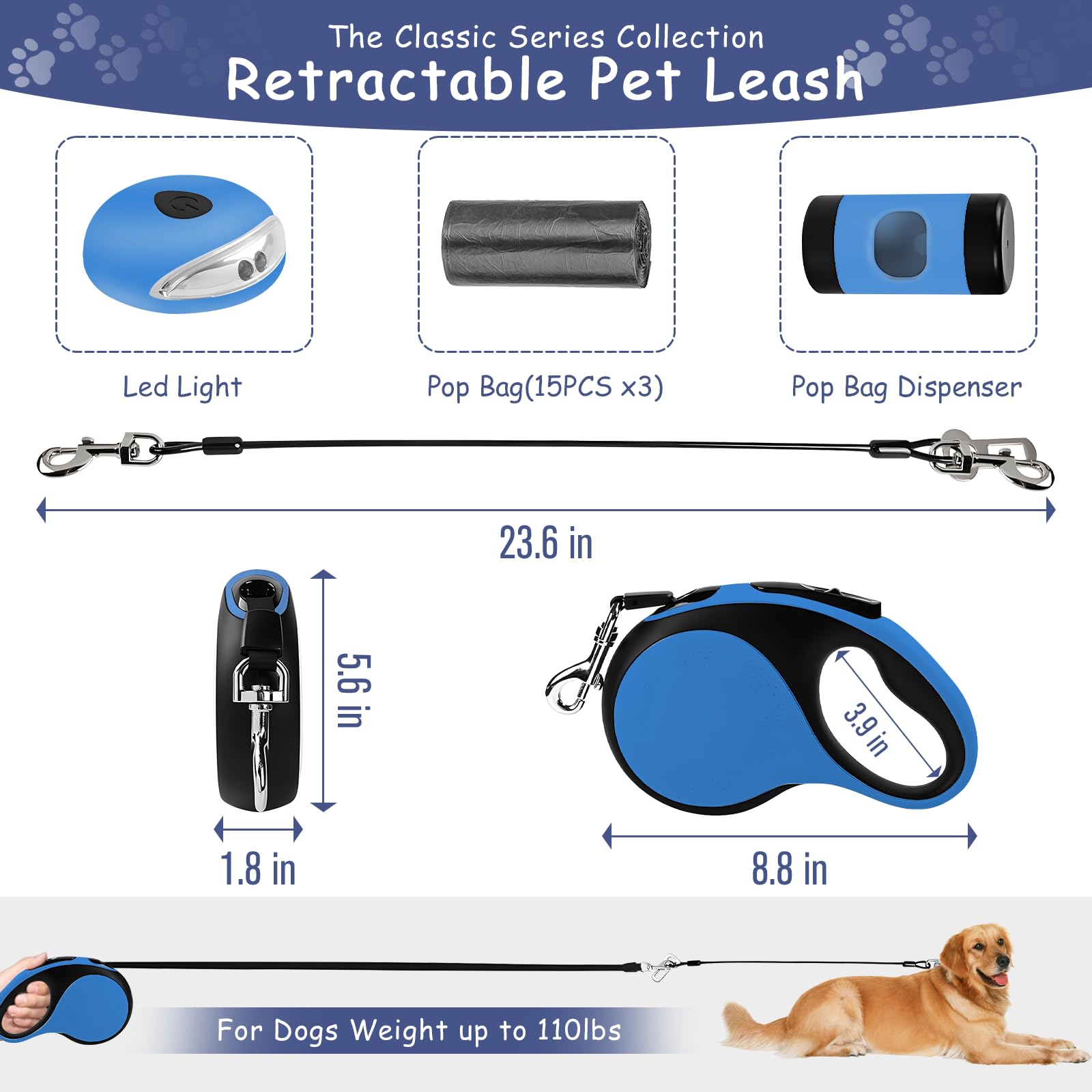 26Ft Retractable Dog Leash - for Dog Up to 110lbs, Tangle Free Walking Leash with Chew Proof Cable | LED Light | Dispenser | Poo