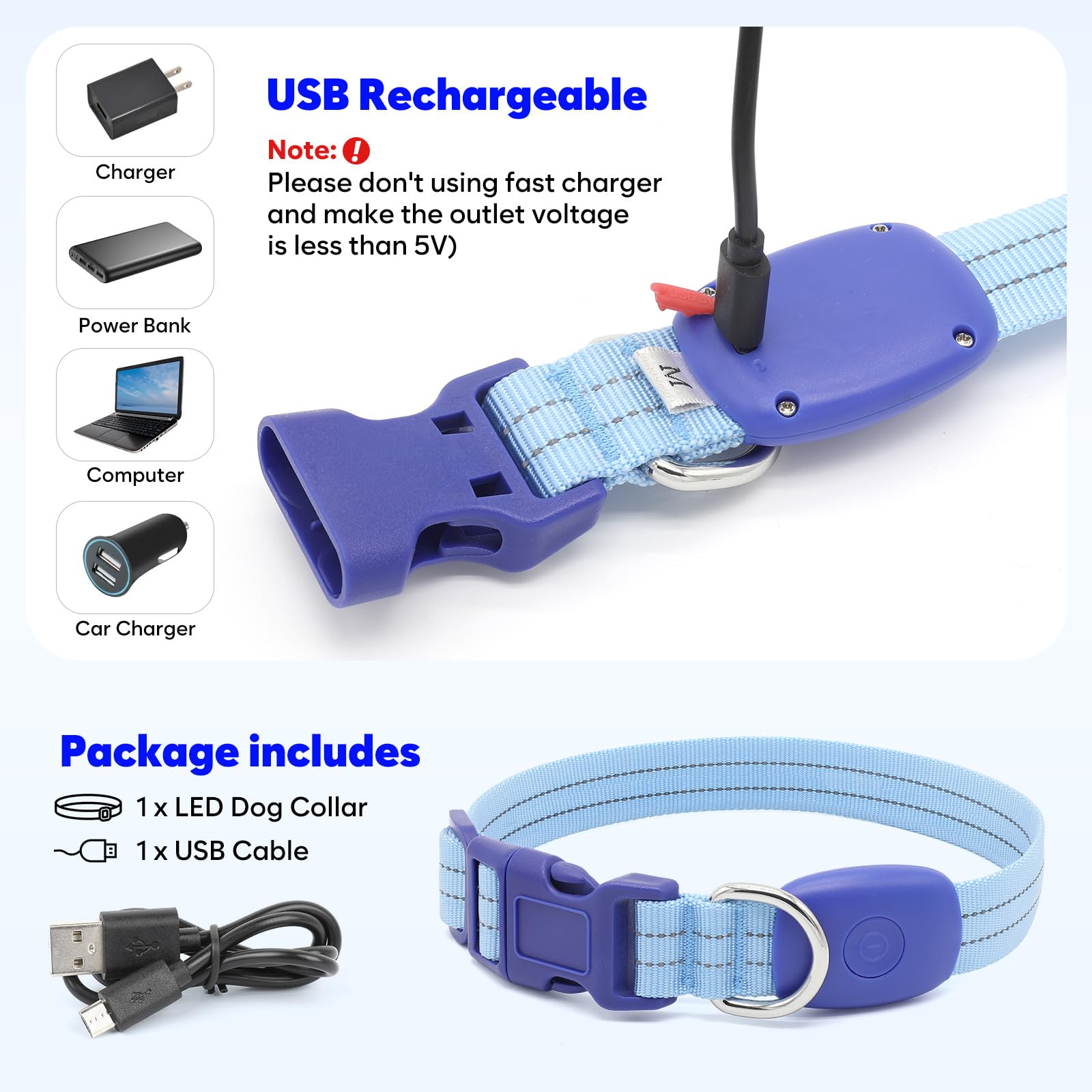 Led Lighted Reflective Dog Collar For Night Safety, Usb Rechargeable, Glow Collar For Dogs, Waterproof, Adjustable Flashing (Blu