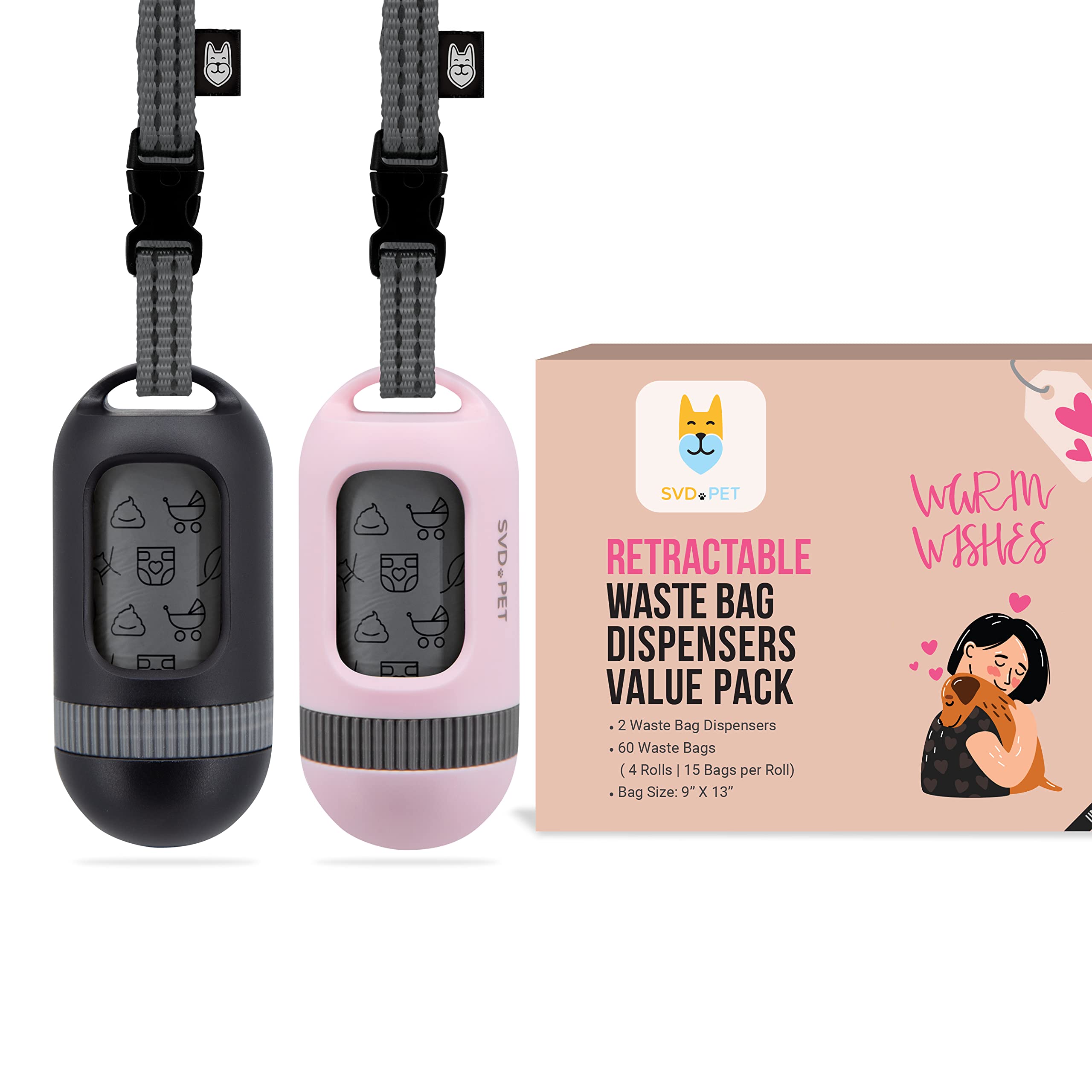 Svd.Pet [2-Pack] Retractable Waste Bag Dispensers Gift Set, 2 Pet Waste Bag Holders With 60 Large Waste Bags, Dog Walking Access
