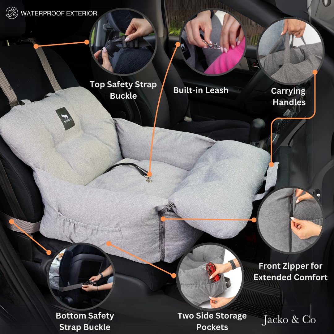 Jacko & Co - Premium Dog Car Seat & Bed For Small & Medium Dogs Up To 30Lbs, Soft Travel Bed & Carrier Bag For Pets, Puppies, Cats For Front & Back Seat, Machine Washable & Water Resistant (Grey)