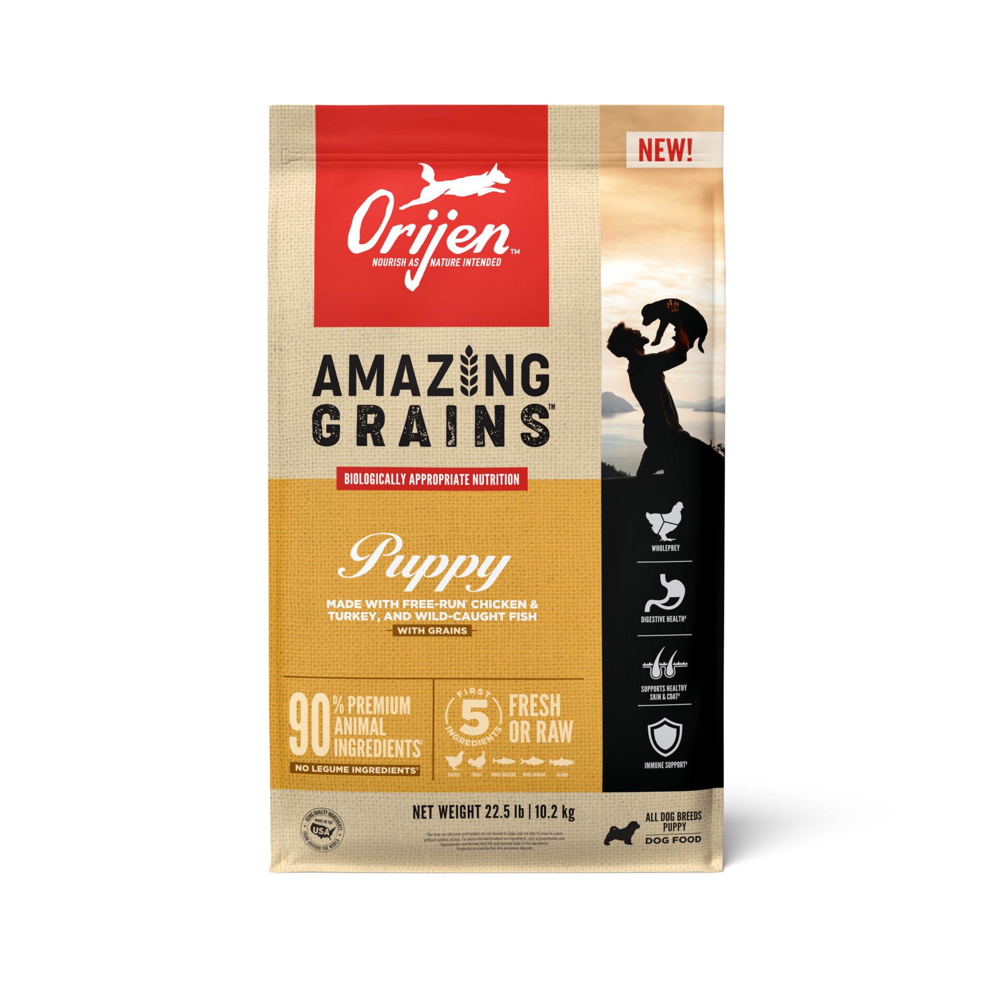 ORIJEN Amazing Grains Puppy Dry Dog Food, High Protein Dog Food for Puppies, Fresh or Raw Ingredients, 22.5lb