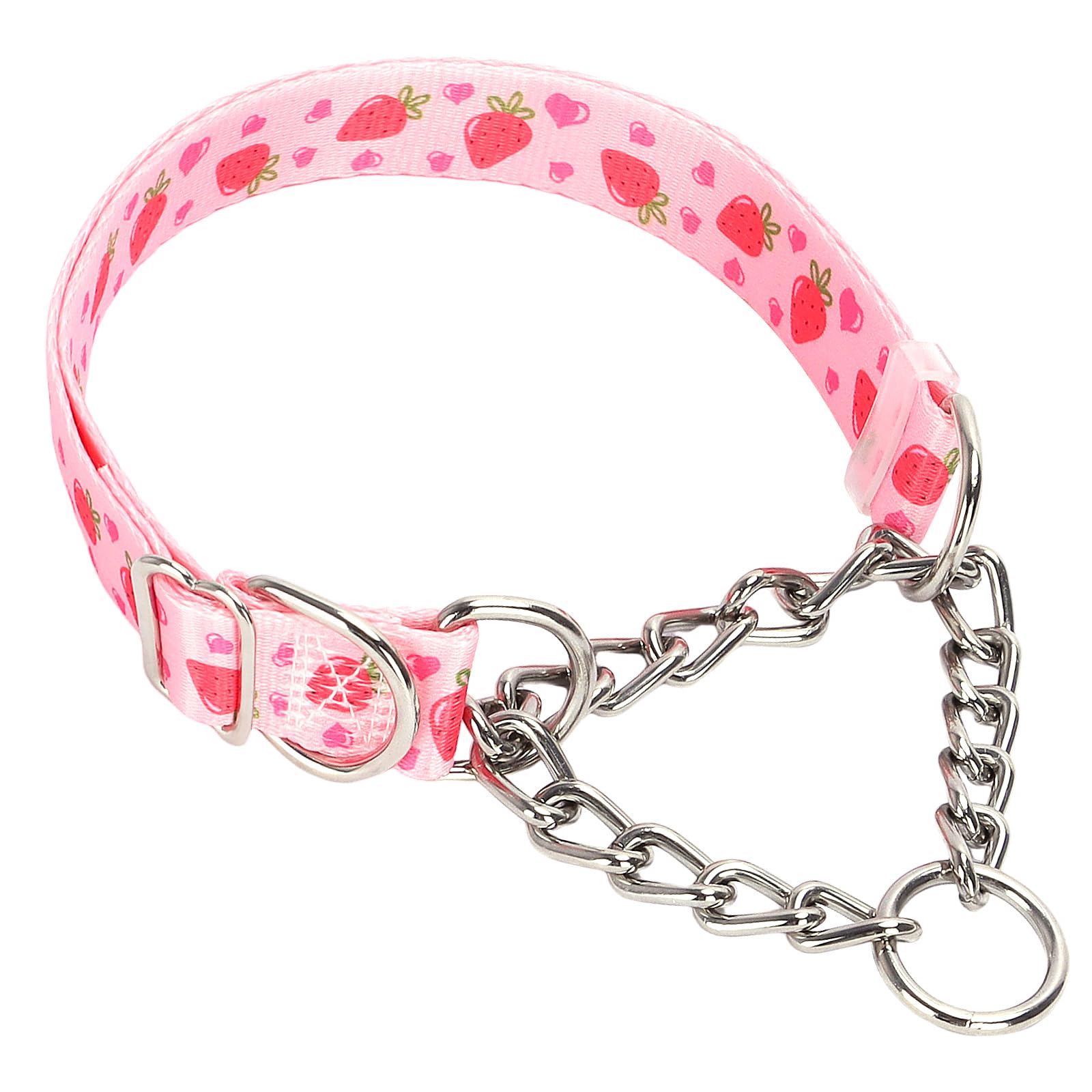 Martingale Collar For Dogs With Nylon & Steel Chain Limited Cinch Design, Pink Strawberries No Choke Dog Collar, Adjustable No P