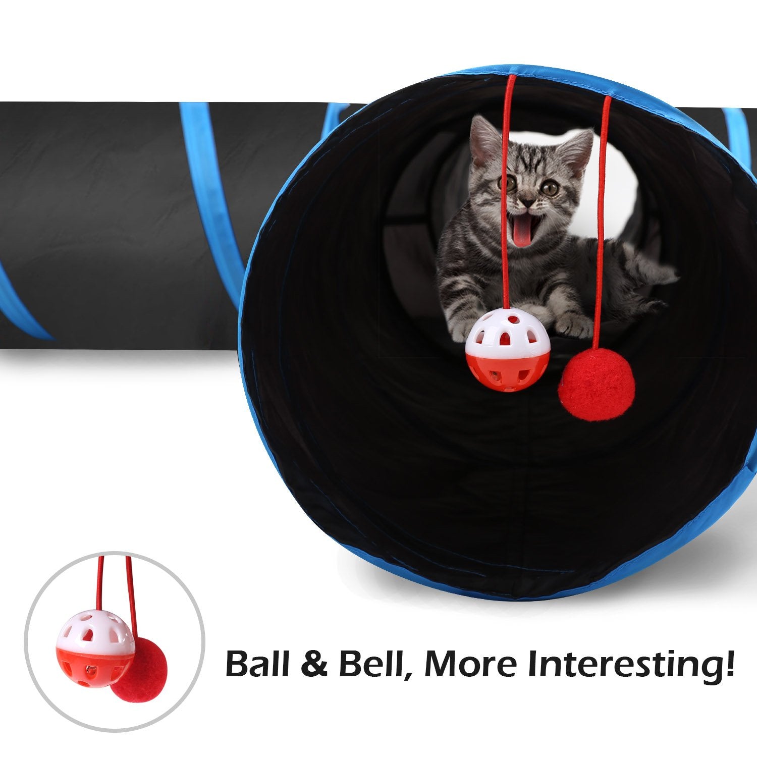 Pawaboo Cat Toys, Cat Tunnel Tube 4 Way Tunnels 25X53Cm Extensible Collapsible Cat Play Tent Interactive Toy Maze Cat House With Balls And Bells For Cat Kitten Kitty Rabbit Small Animal, Blue