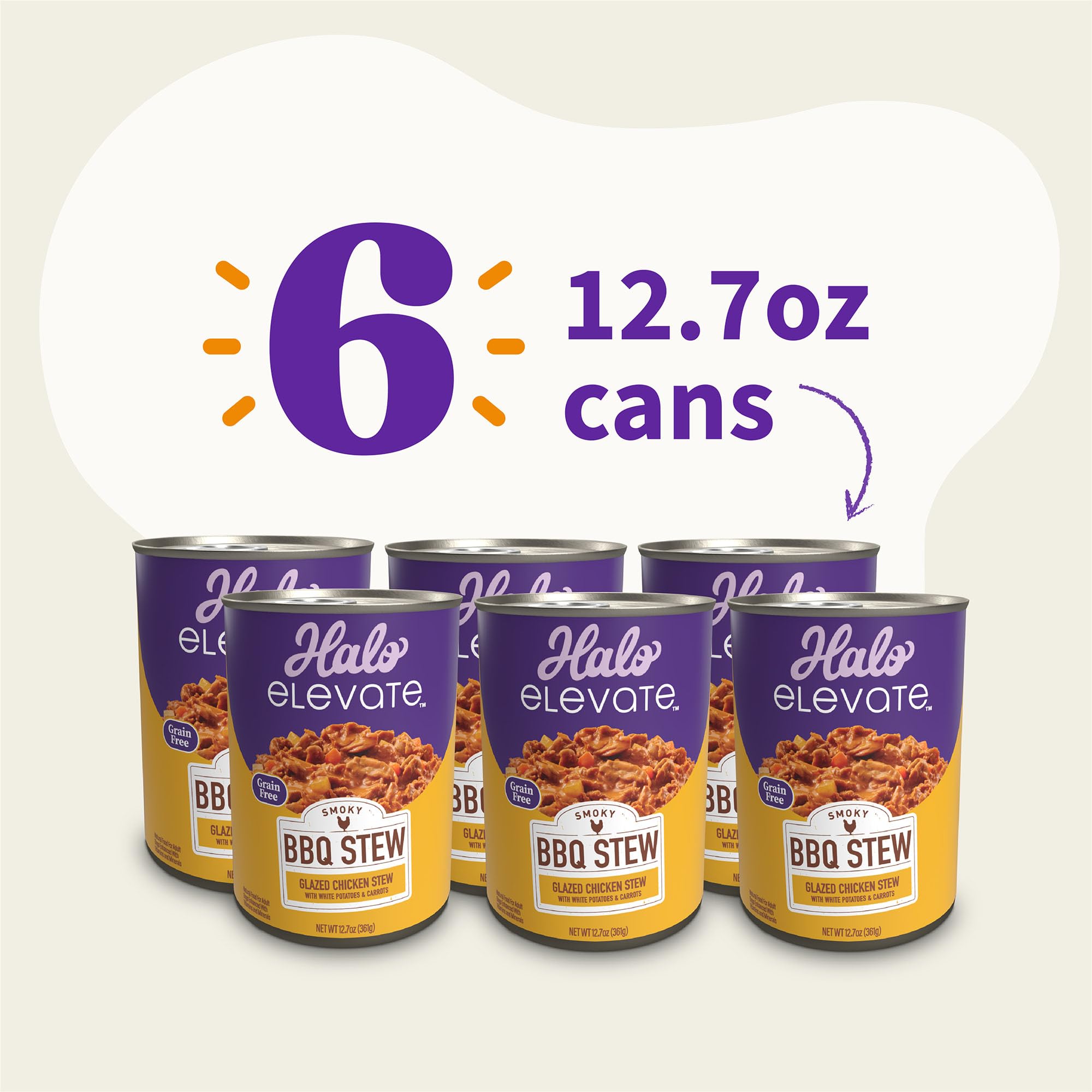 Halo Elevate Wet Dog Food Smoky BBQ Braised Glazed Chicken Stew Recipe, Grain Free Canned Dog Food, 12.7 Oz Can (Pack of 6)