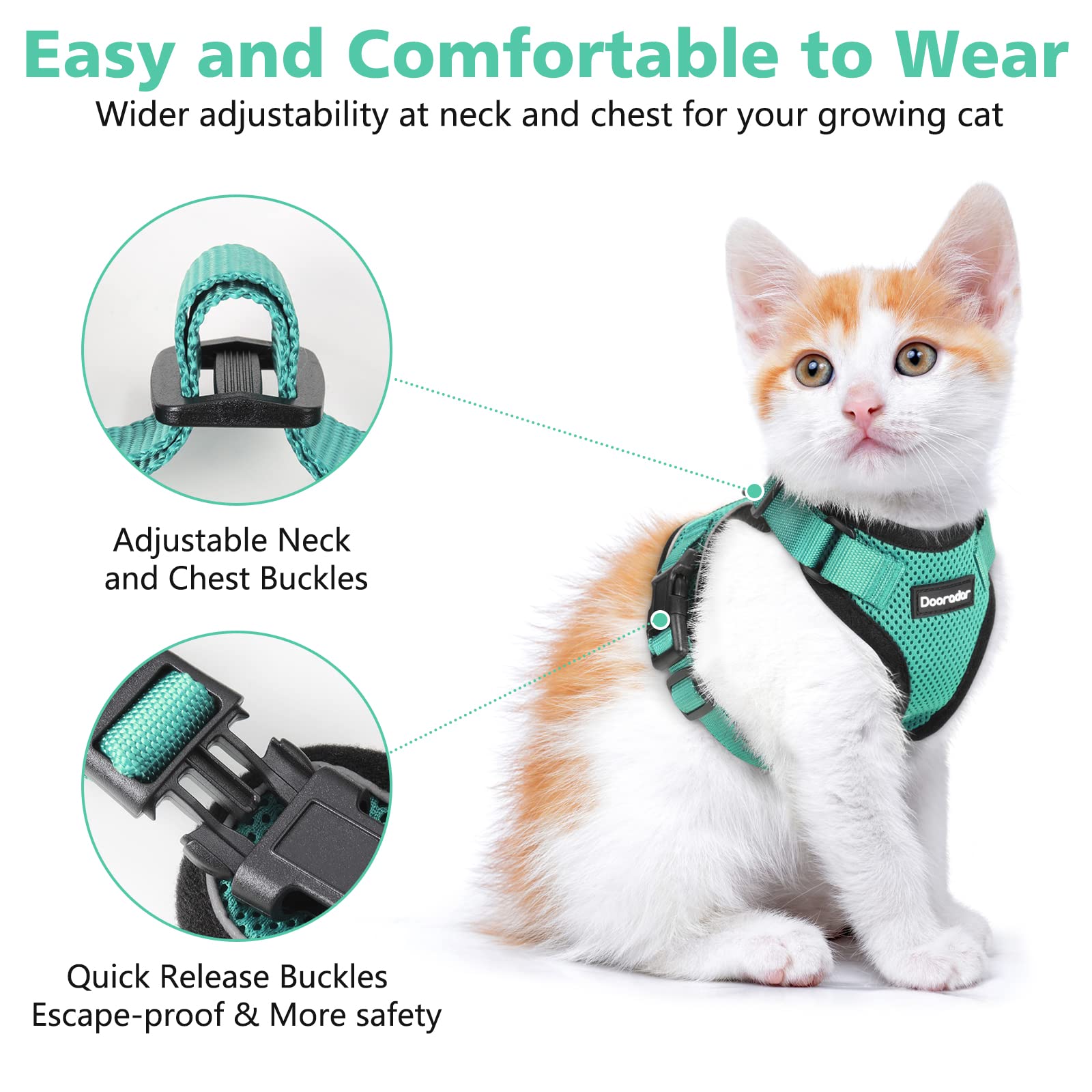 Dooradar Cat Harness And Leash Set, Escape Proof Safe Adjustable Kitten Vest Harnesses For Walking, Easy Control Soft Breathable Mesh Jacket With Reflective Strips For Cats, Green, S