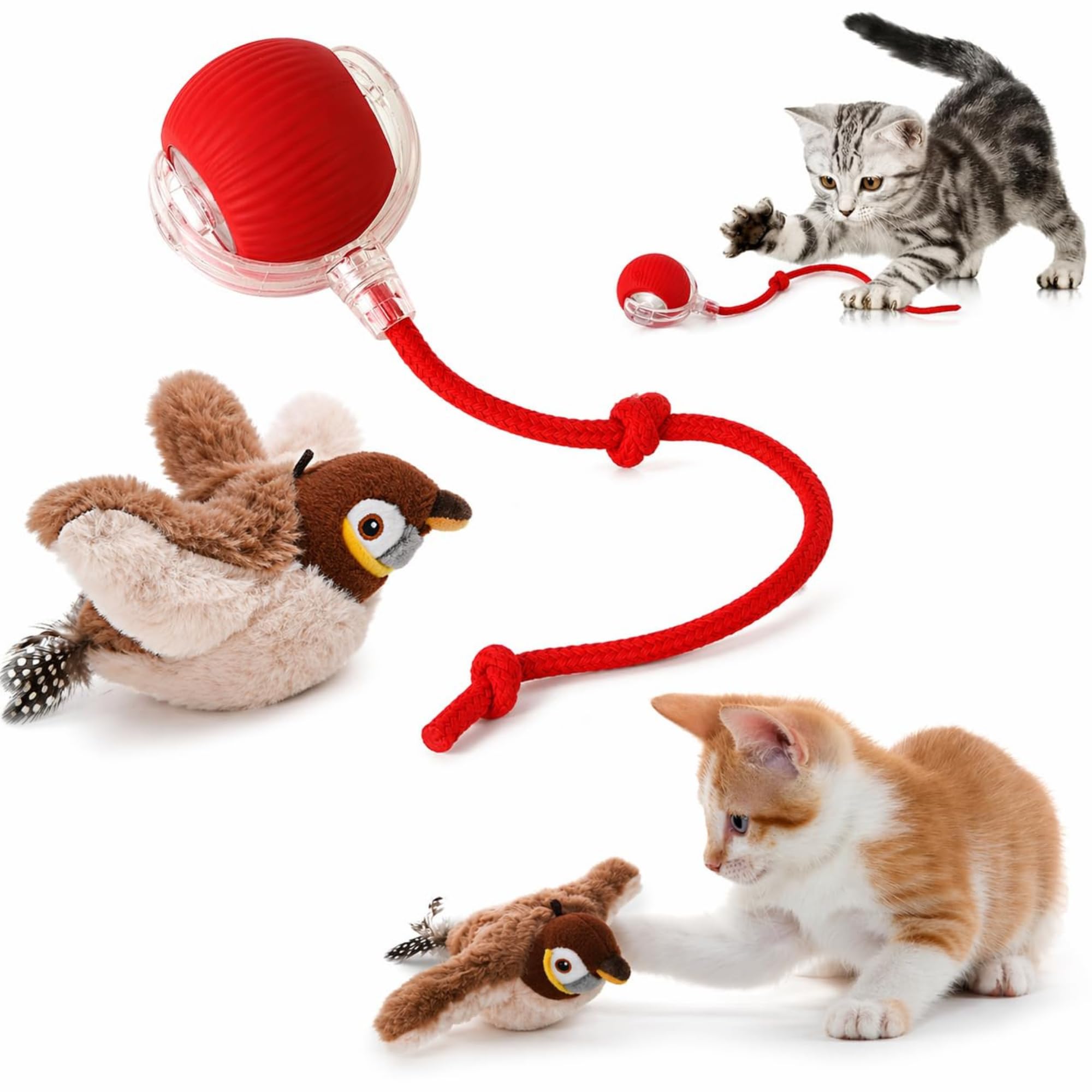 Vibehub Cat Toys Combo  Rechargeable Chirping Bird + Durable Rope Ball (Pack Of 2) For Cats And Dogs