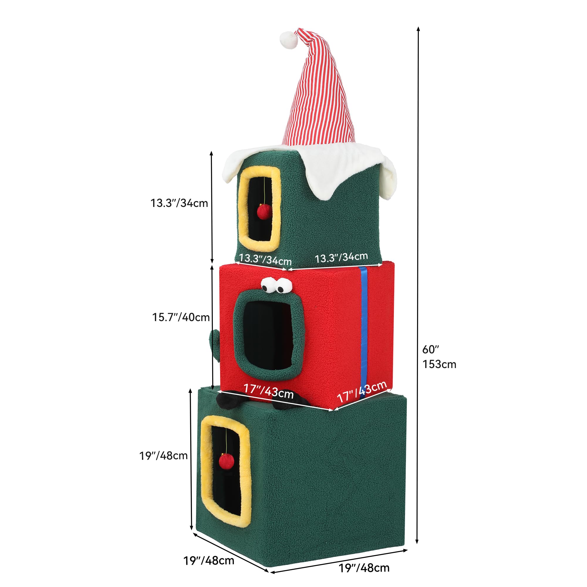 Yitahome Extra Large Cat House For Indoor Cats, 60'' Multi Level Cat Condo Furniture, 3 Story Playhouse With Hanging Ball, Green