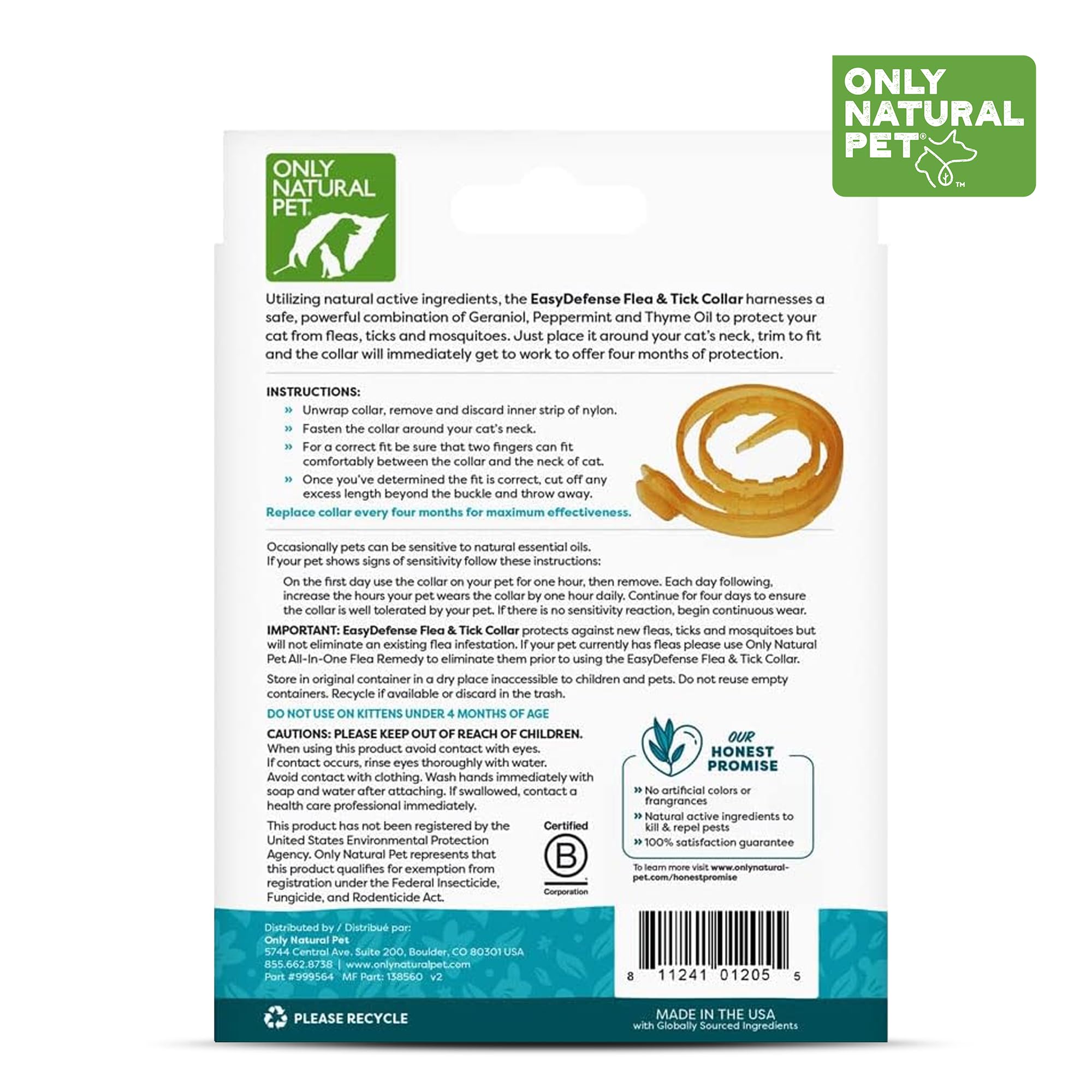 Only Natural Pet Easydefense Flea & Tick Cat Collar - Feline Flea Collars Flea And Tick Control - Pet Flea Care That Protects Up To 4 Months - For Cats (Single)