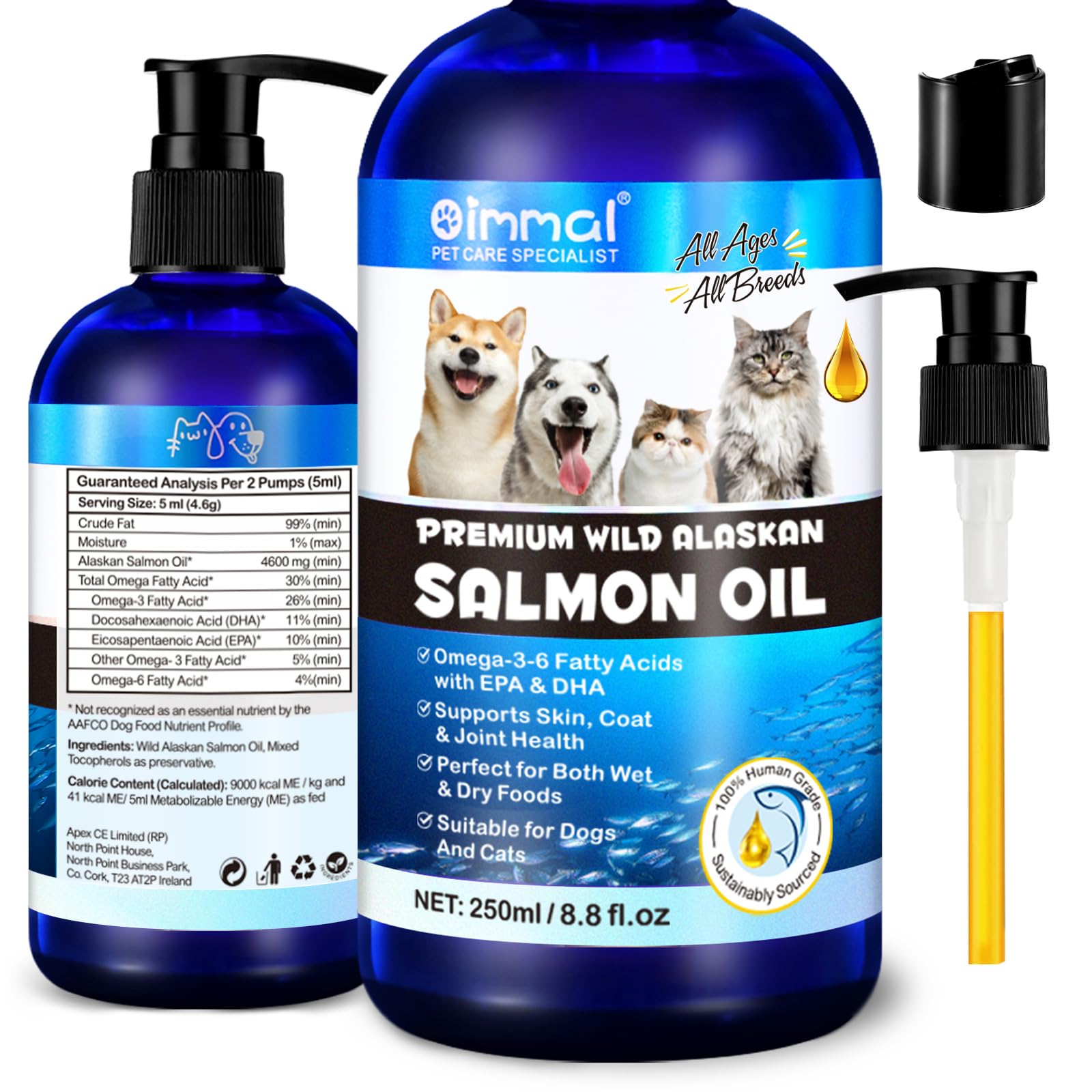 Alaskan Salmon Oil for Dogs & Cats (8.8 oz) - Pure Omega 3 Fish Oil with Omega 6 Fatty Acids, EPA & DHA - Anti-inflammation for 