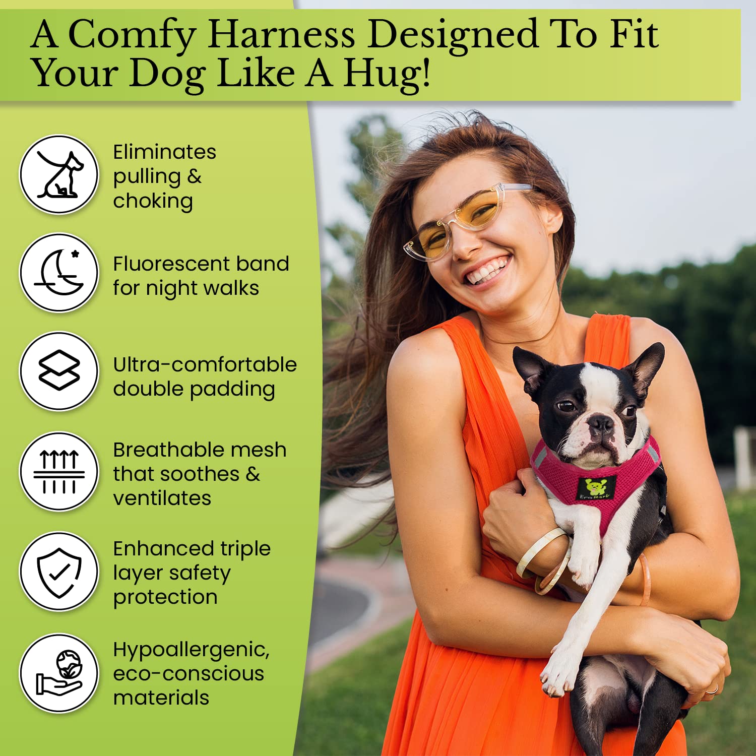 EcoBark Rapid Fastener Super Comfort Fully Adjustable Double Padded Step in Dog Harness (Large, Green)