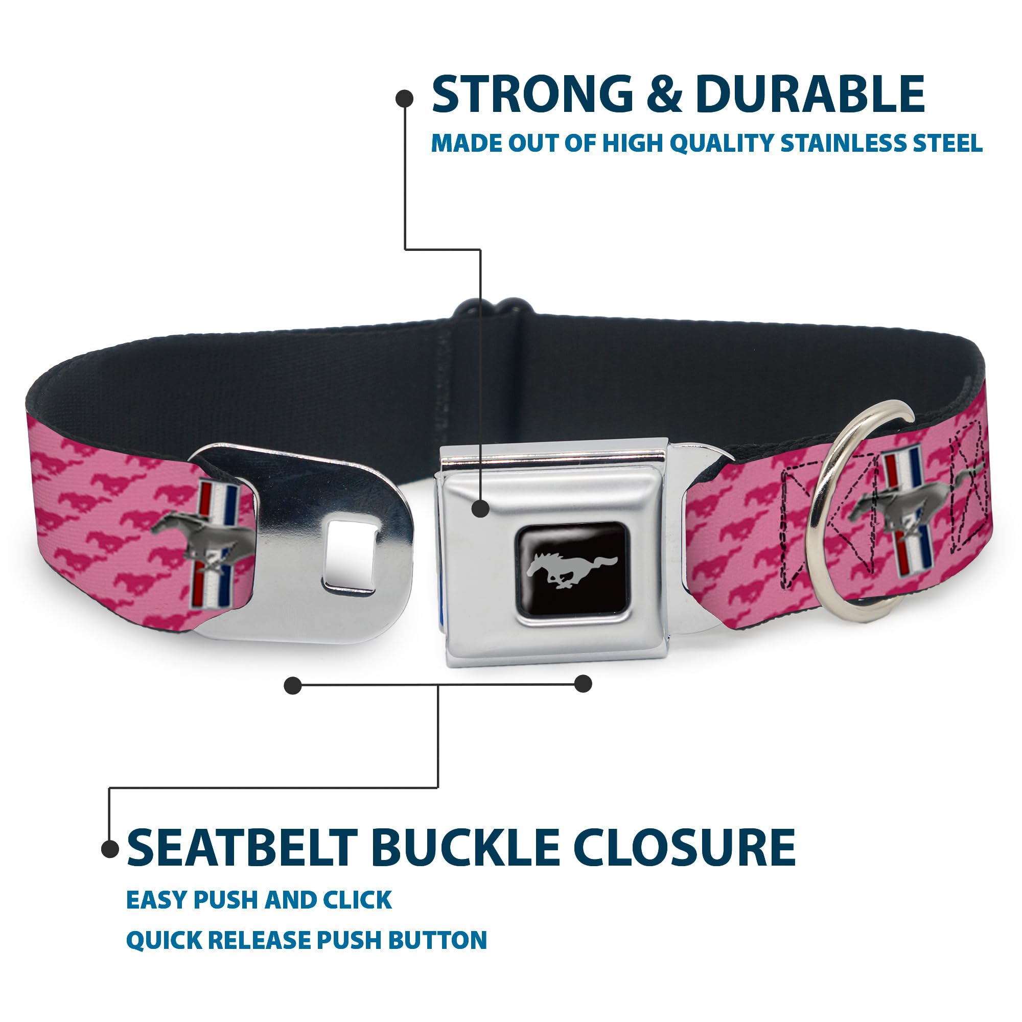 Buckle-Down Dog Collar Seatbelt Buckle Ford Mustang Bars Text Pink Logo Repeat 16 To 23 Inches 1.5 Inch Wide