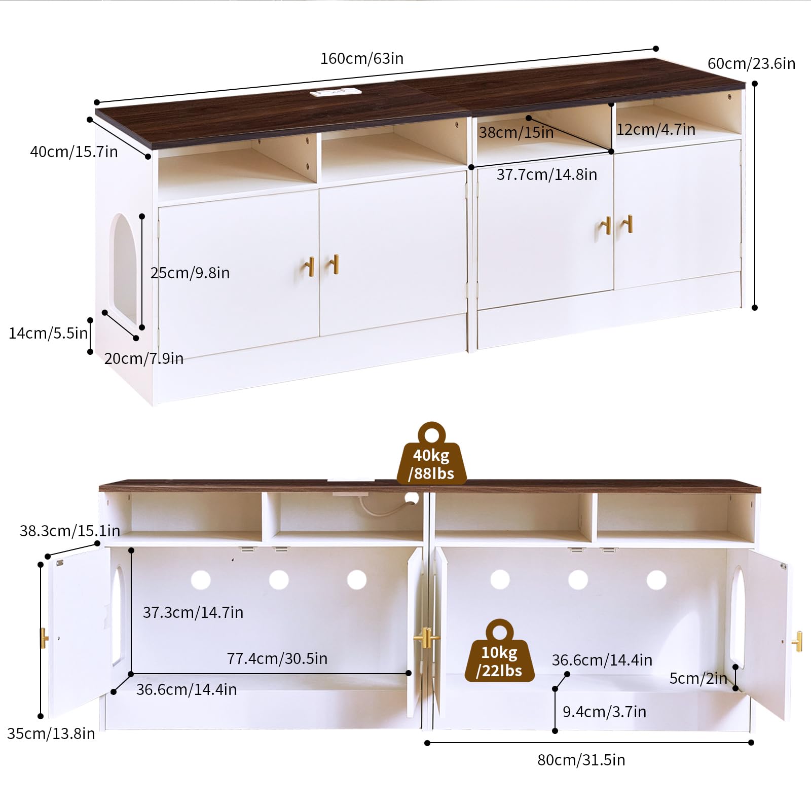 Janflyhome Double Cat Litter Box Enclosure For 2 Cats, 63' Wooden Hidden Cat Litter Box Furniture With Power Outlet, Sliding Bo