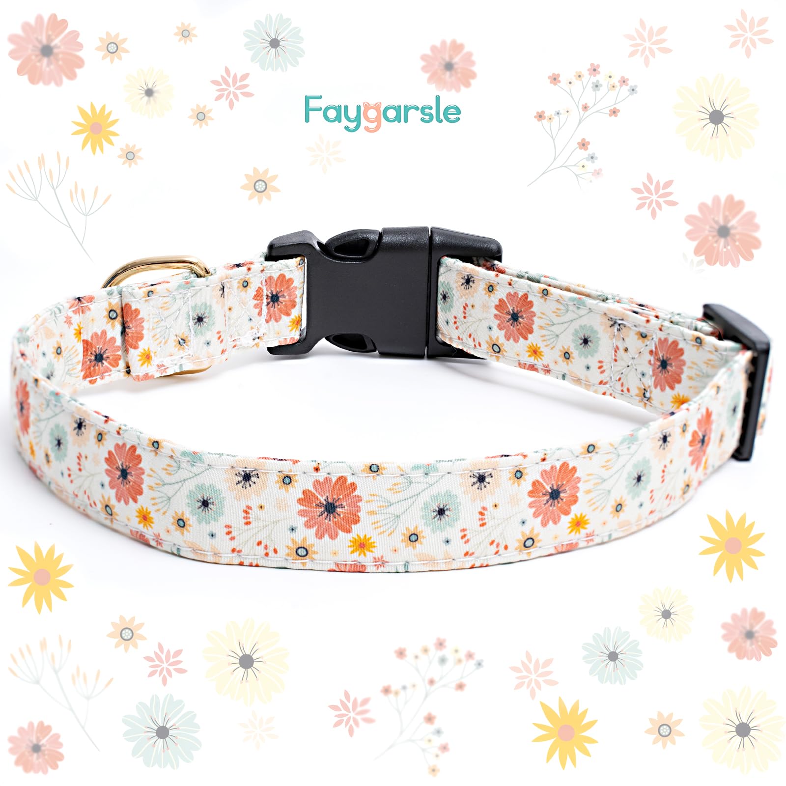 Faygarsle Cotton Designer Dog Collar with Flower Charms, Size S, Beige for Small to Large Dogs