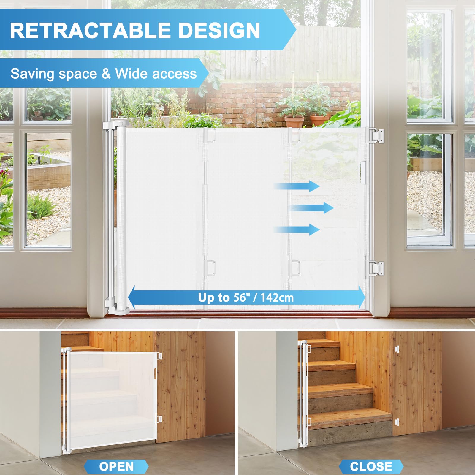 56 Inch Retractable Baby Gates for Doorways Retractable Dog Gate for Stairs Outdoor Retractable Gate Mesh Baby Gate Retractable
