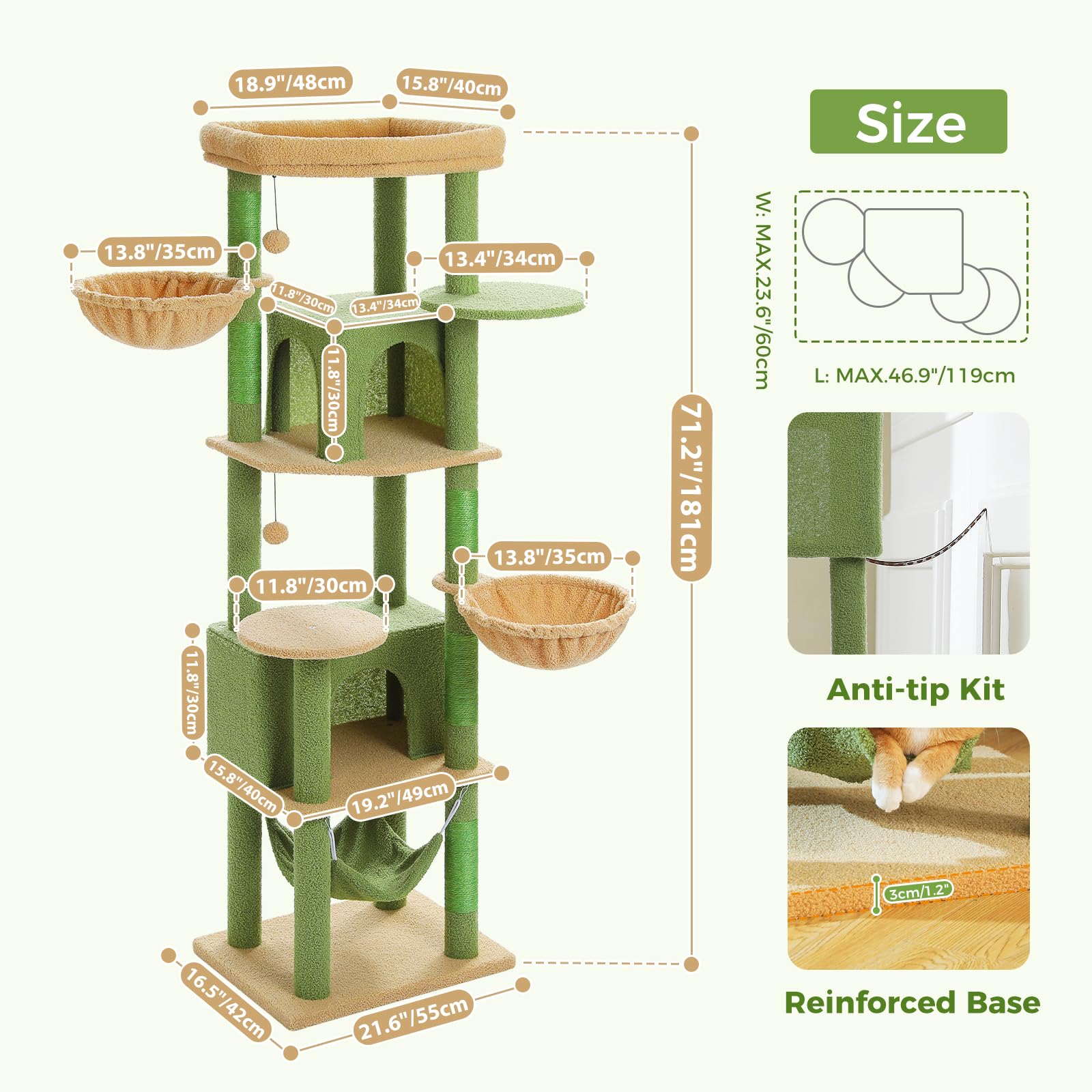 Pawz Road Tall Cat Tower, 70 Inch Cat Tree With Hammock, 5 Scratching Posts, 2 Condos And A Large Top Perches For Large Cats-Cac