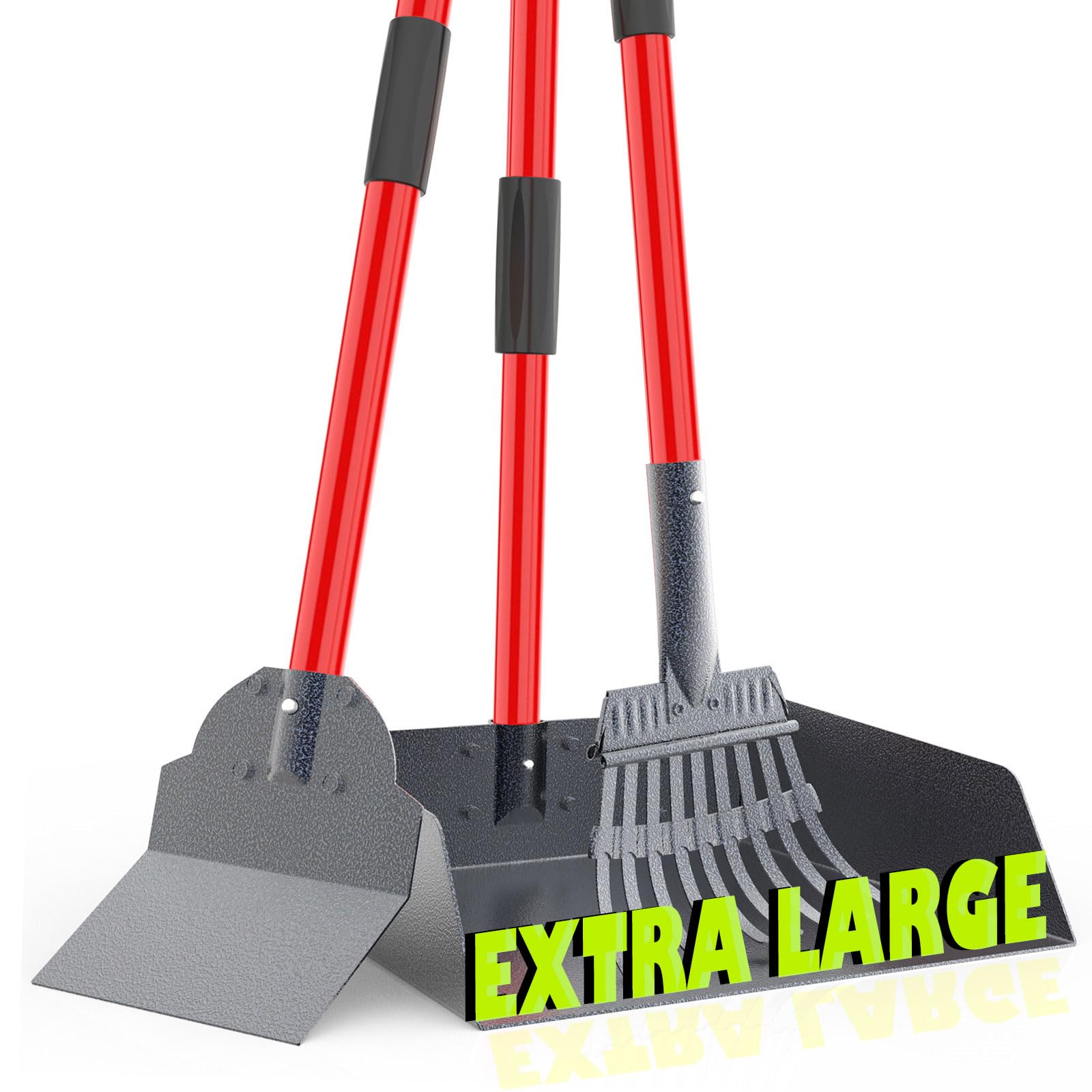 X-Tecokit Larger Pooper Scooper - Durable & Sturdy Rake, Spade, Tray Set With Long Handle Great For Large Small And Multi Dogs - Poop Scoop No Bend Down Easy To Use For Yard Grass Gravel Dirt