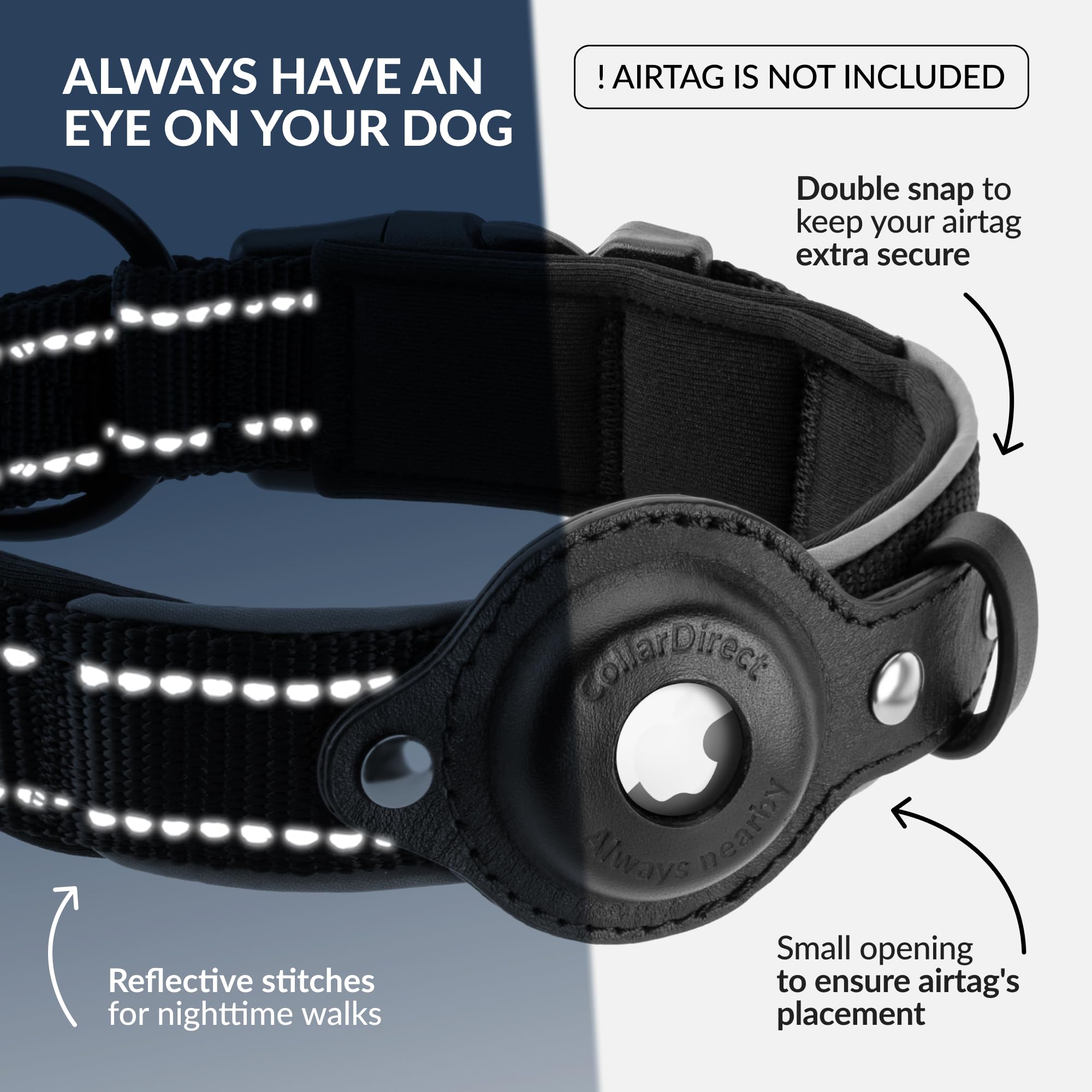 Collardirect Airtag Dog Collar Reflective Nylon Neoprene Leather Holder For Apple Air Tag For Large, Medium, And Small Dogs (Bla