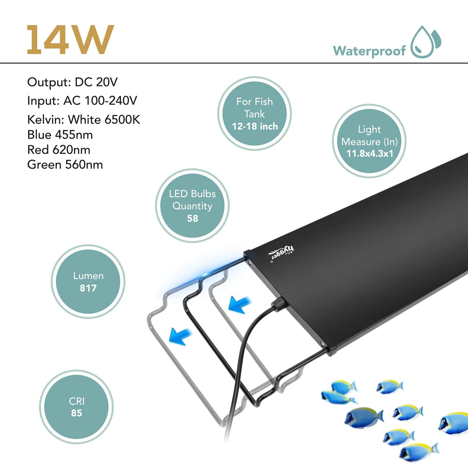hygger 14W LED Aquarium Light, Adjustable Brightness & Timer, 7 Colors, for 12-18 inch Tanks, Black Aluminum Bracket