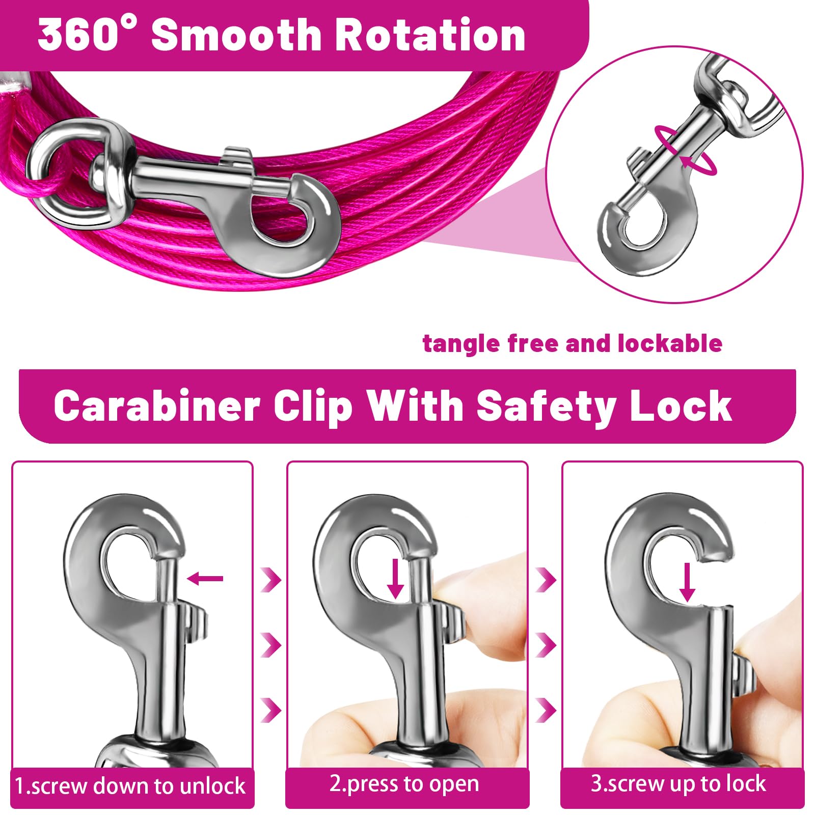 Haiyuan Dog Tie Out Cable 10/15/20/25/30 Ft Runner For Yard Steel Wire Cable With Durable Superior Clips Pink Chains For Outside