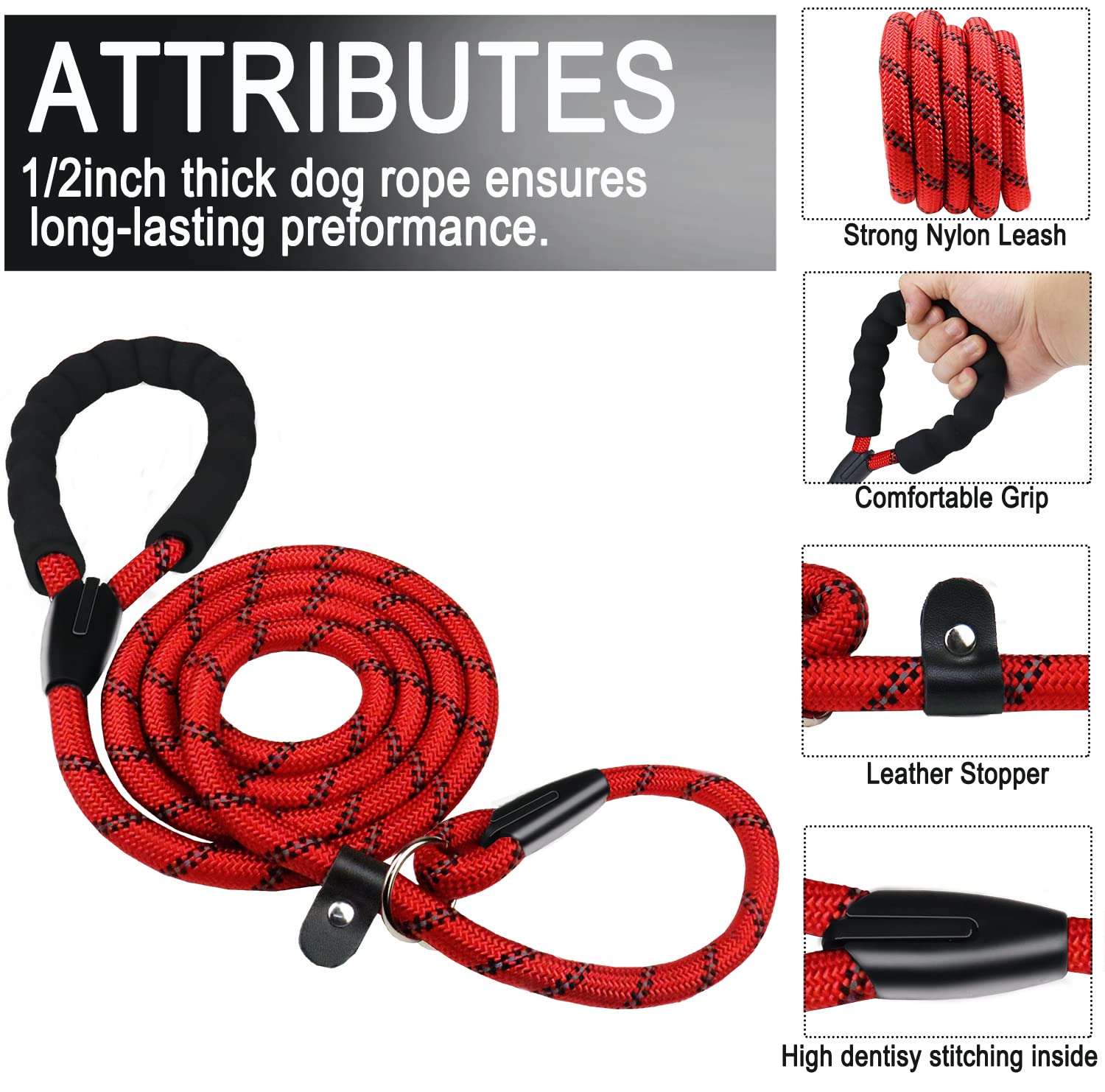 Slip Lead Dog Leash, 6 Ft Heavy Duty Dog Leashes, Durable Training Rope Slip Leash With Comfortable Padded Handle And Highly Ref