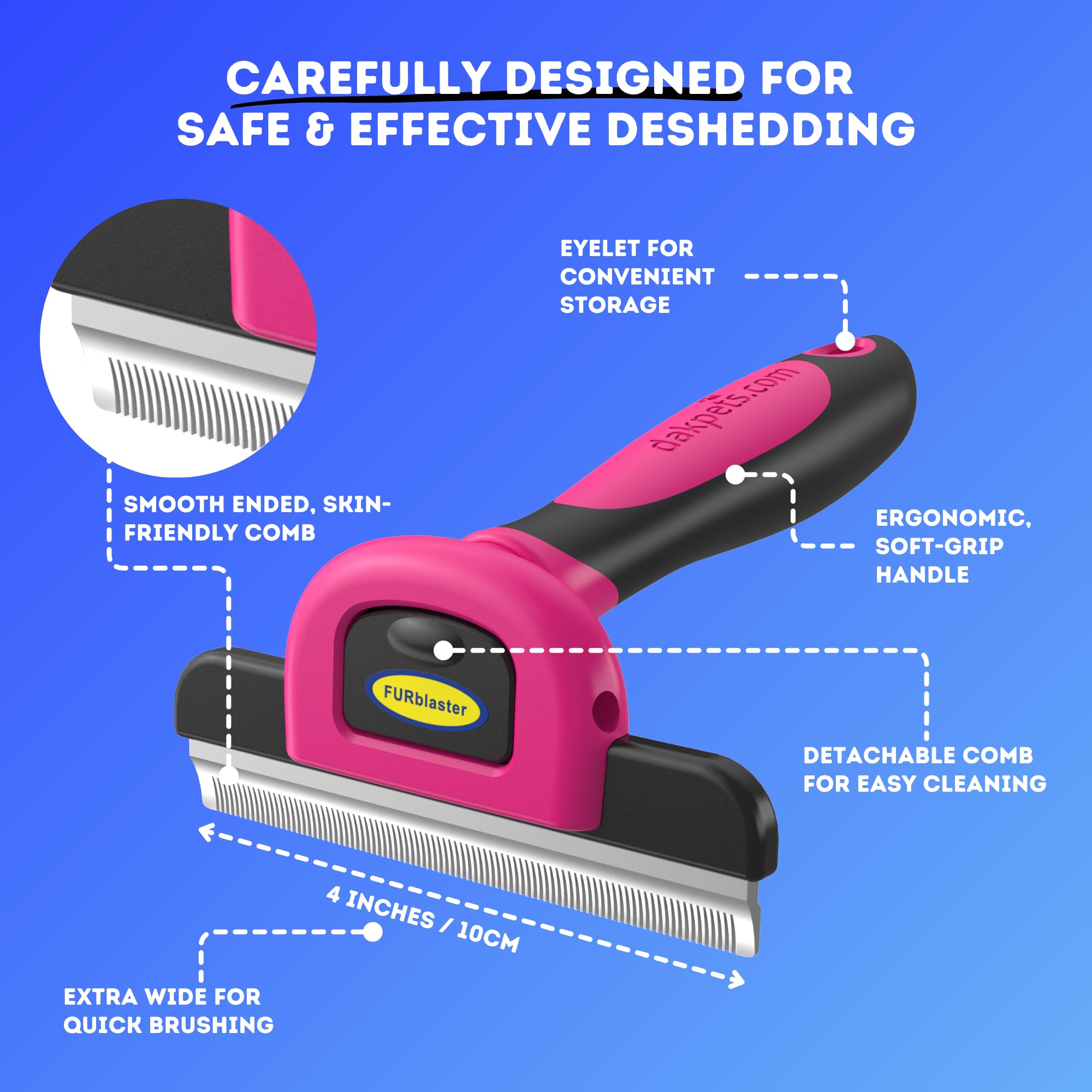 Dakpets Stainless Steel Pet Deshedding Tool - Grooming Brush For Cats And Dogs, Removes Trapped Hair, Reduces Shedding By Up To 95%, All Hair Types, Includes Protective Blade Cover, Pink, 4 Inches