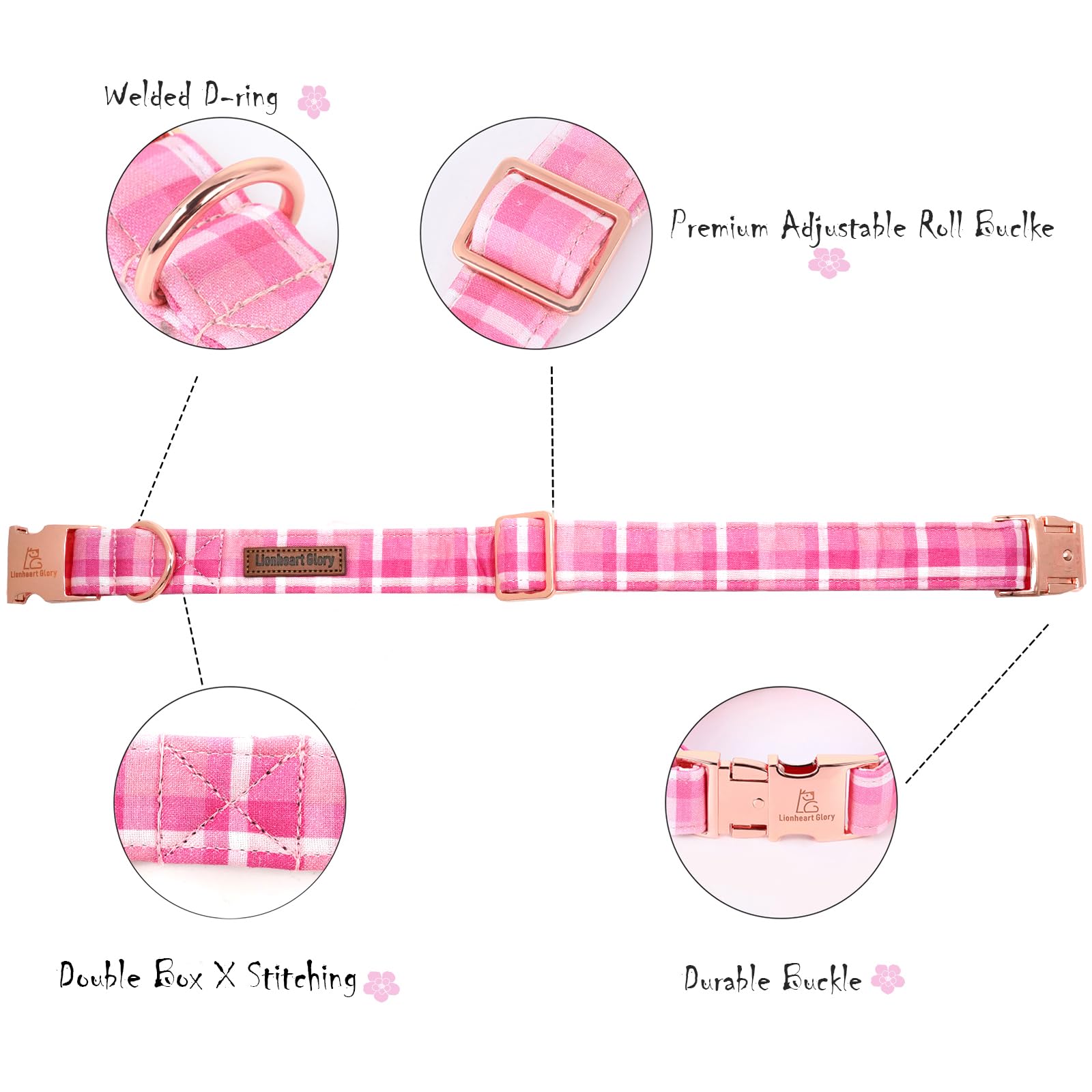 Lionheart Glory Valentine'S Day Collar, Pink Plaid Dog Collar For X-Small Cute Dog Collars Spring Female Pet Gift Adjustable Hea