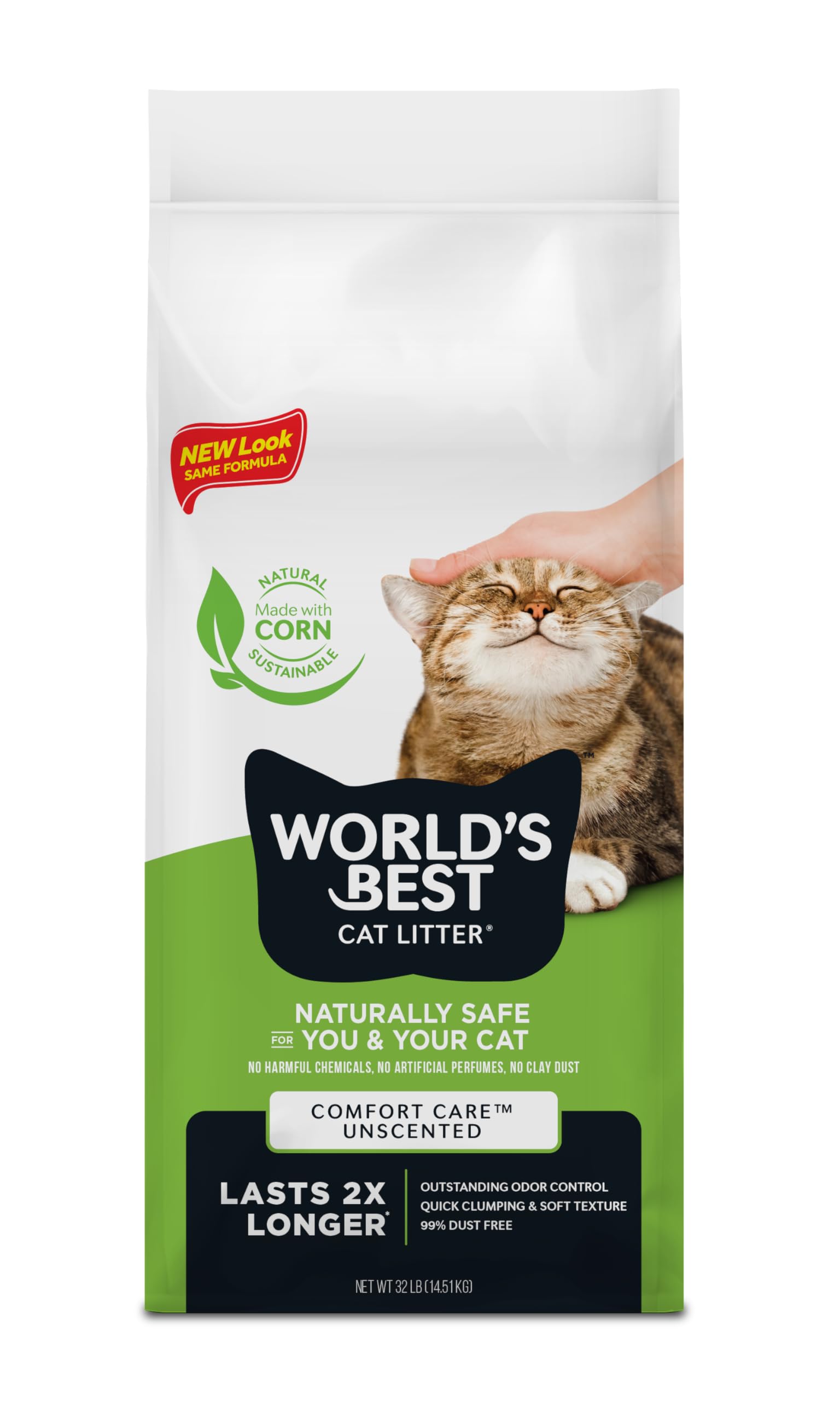 World'S Best Cat Litter Comfort Care Unscented, 32-Pounds - Natural Ingredients, Quick Clumping, Flushable, 99% Dust Free & Made