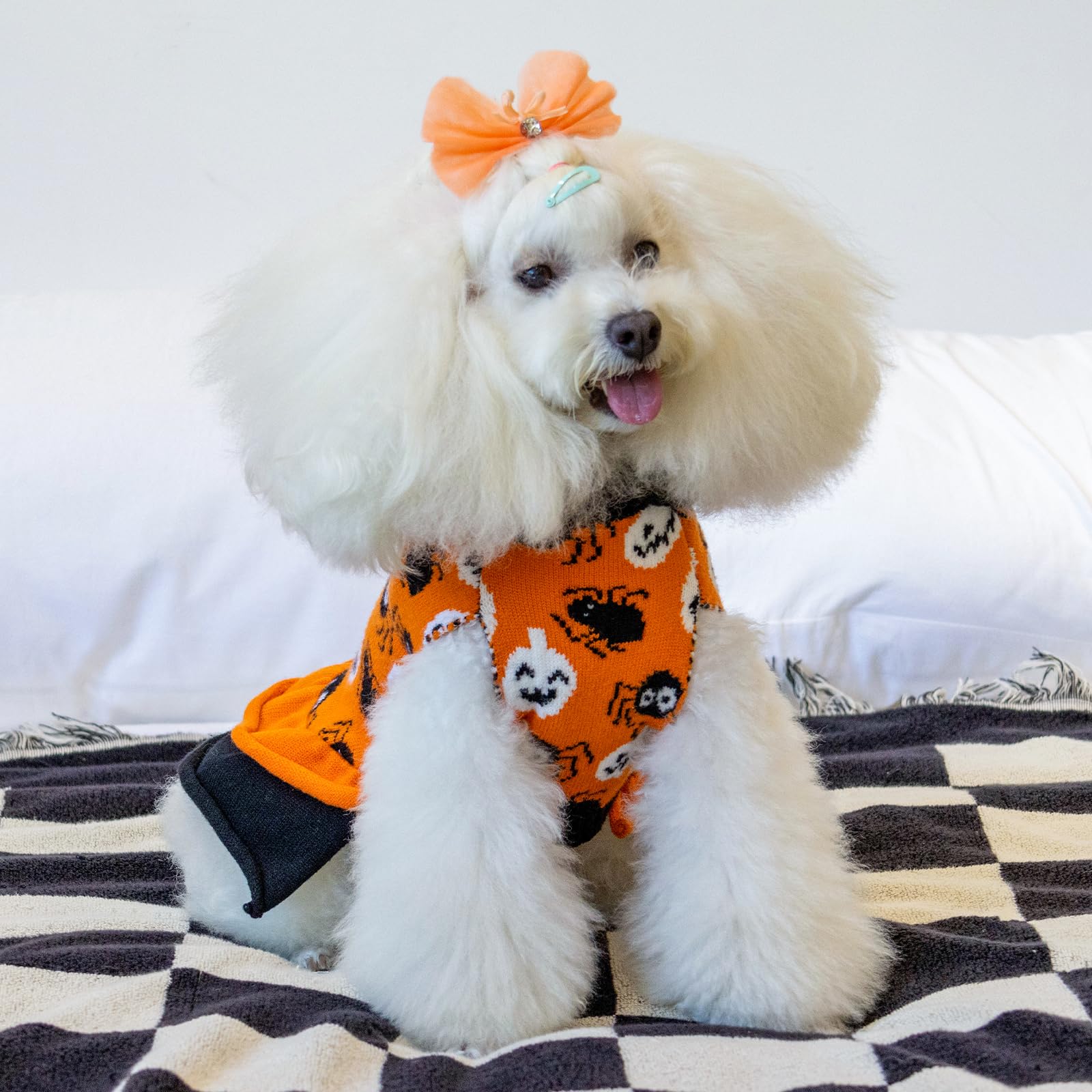 Cutebone Halloween Dog Sweater Dress, Soft And Stretchy Dog Clothes For Medium Large Dogs Girl, Pumpkin Spider Puppy Sweater Pullover Ruffle Dress Pet Outfit Cat Apparel