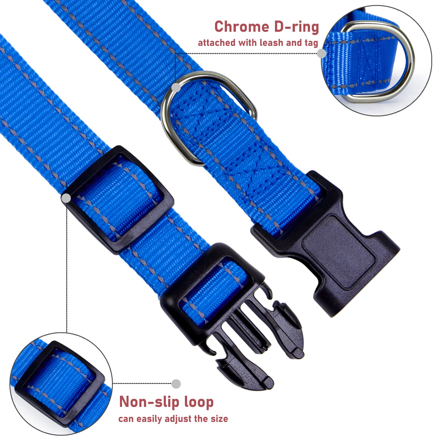 Reflective Dog Collar With Buckle Adjustable Safety Nylon Collars For Small Medium Large Dogs, Navy Blue Xs