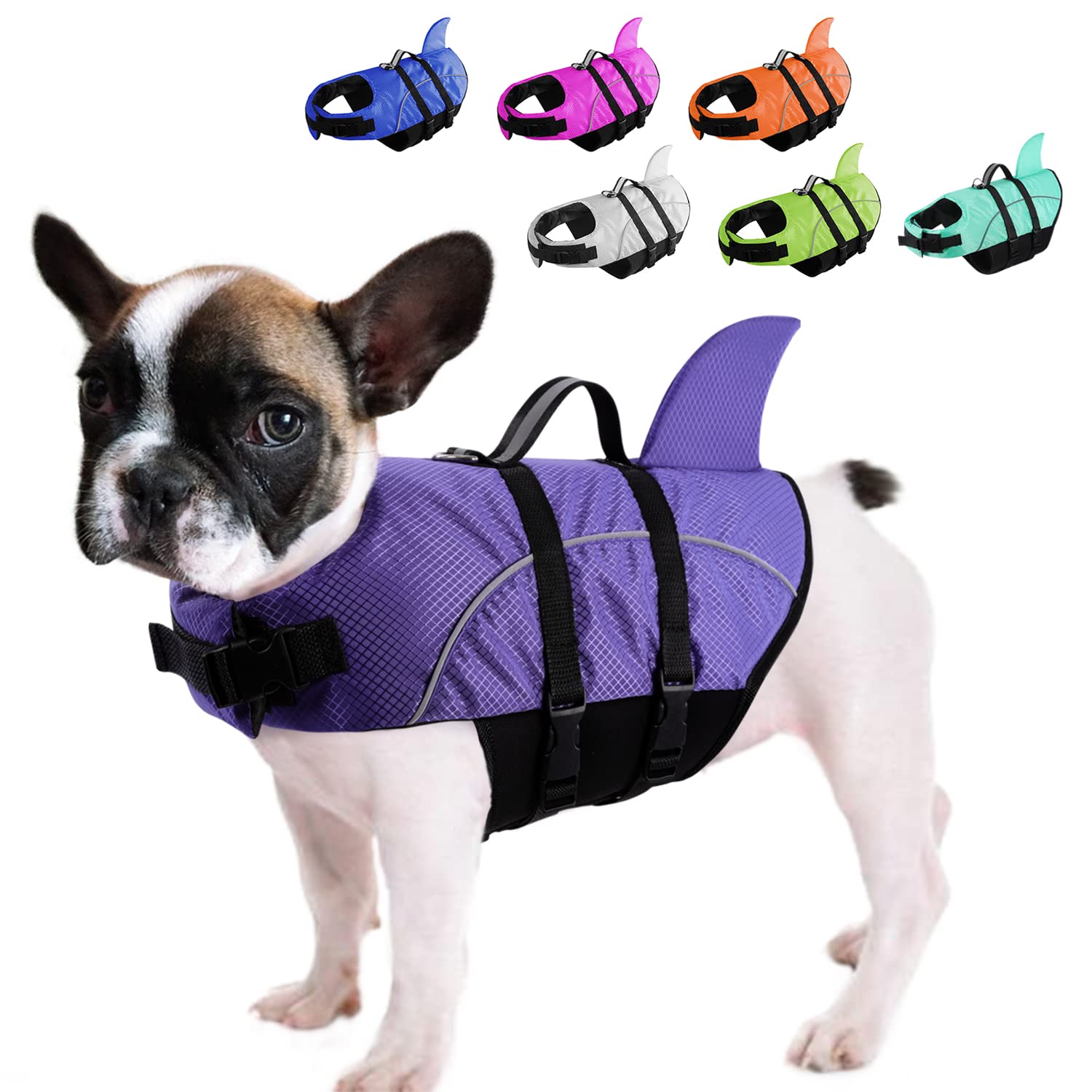 Queenmore Small Dog Shark Life Jacket for Swimming Boating Kayaking, High Buoyancy Puppy Dog Life Preserver with Strong Rescue H
