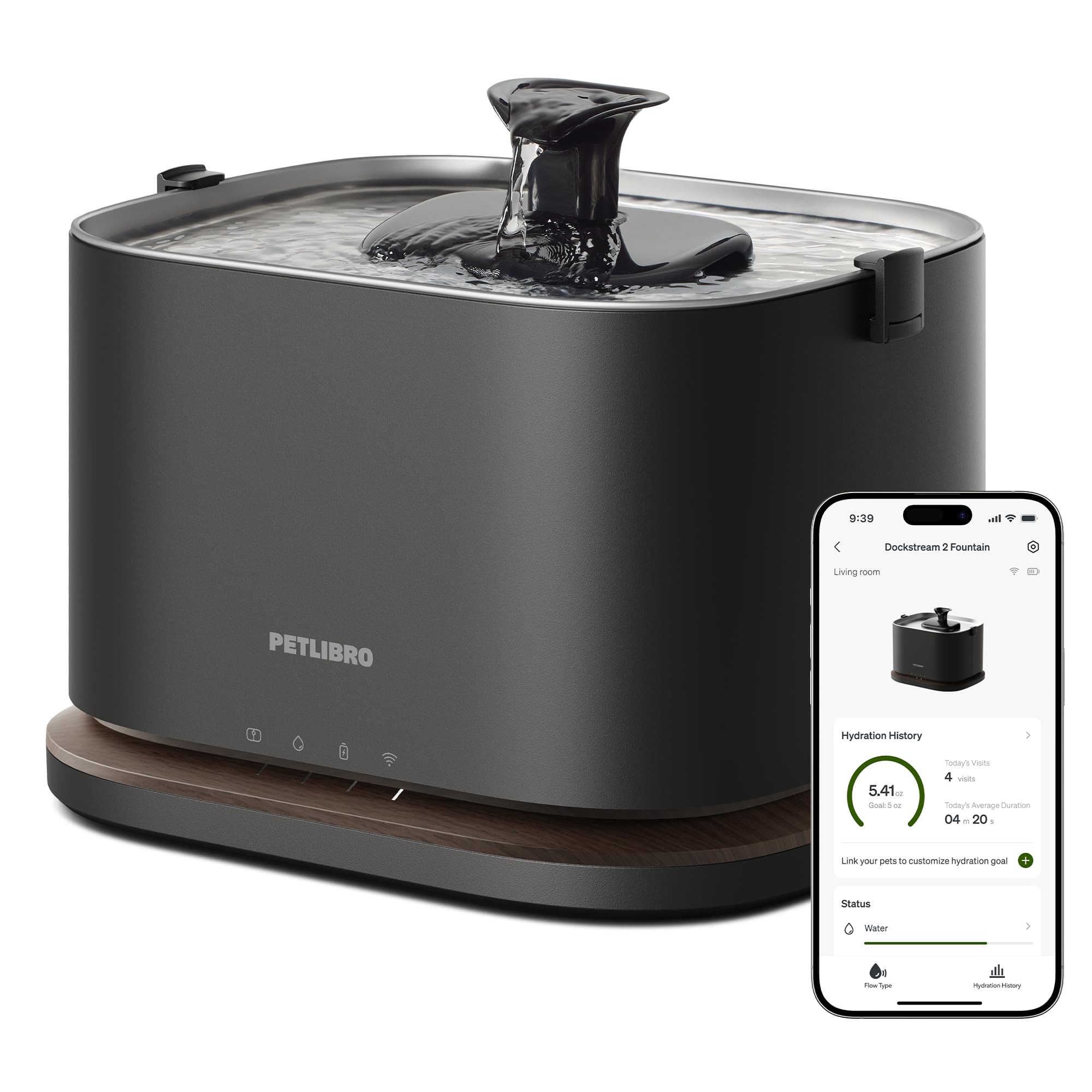 PETLIBRO Upgrade Cat Water Fountain, Cordless Cat Fountain Battery Operated, App Monitoring 3L/101oz Dockstream 2 Pet Water Foun