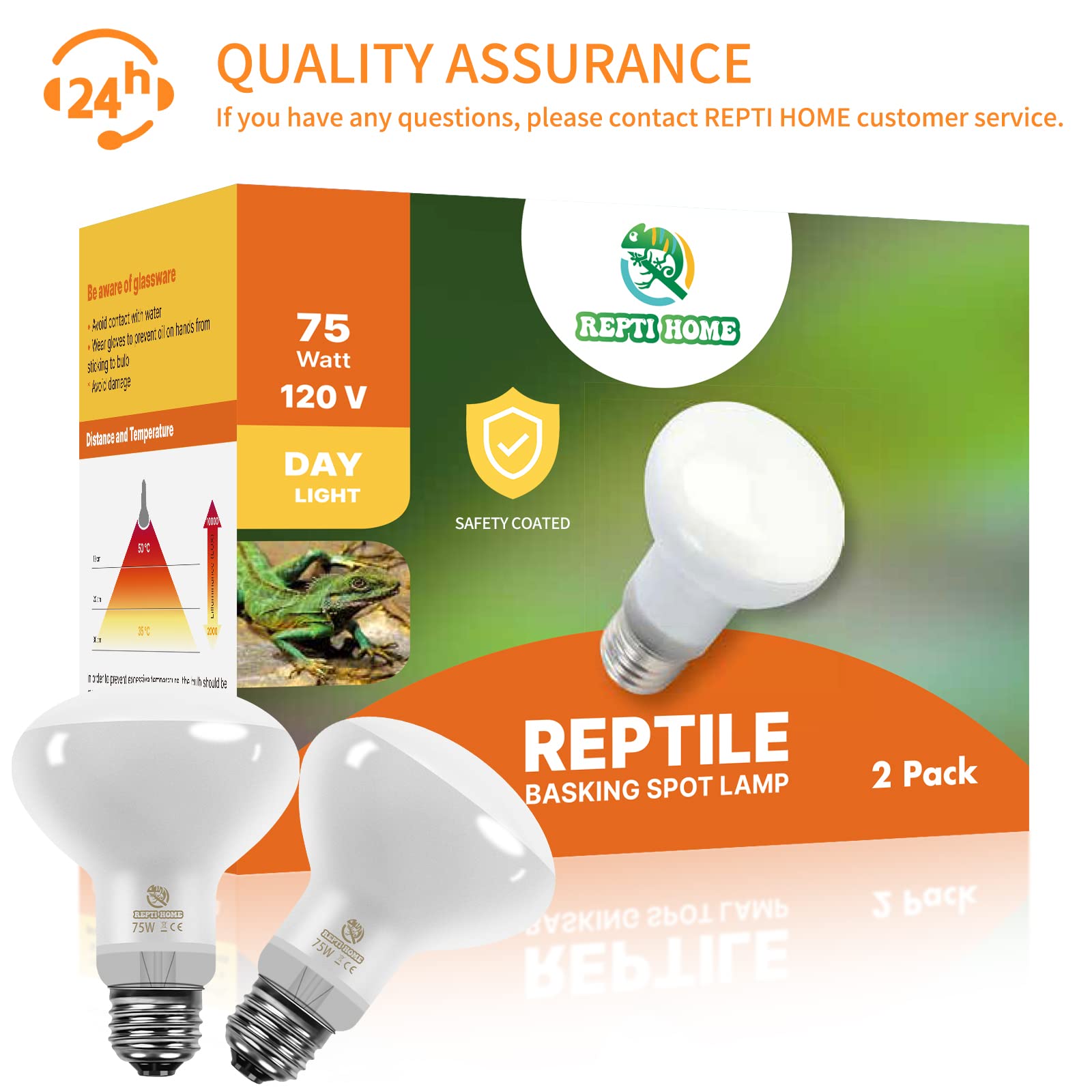 Repti Home Reptile Heat Lamp Bulbs (New Upgraded, Safer, 75W 2 Pack), Reptiles & Amphibians Uva Basking Spot Lamp Bulb, Reptile Daylight Heat Bulb For Bearded Dragon, Lizard, Turtle