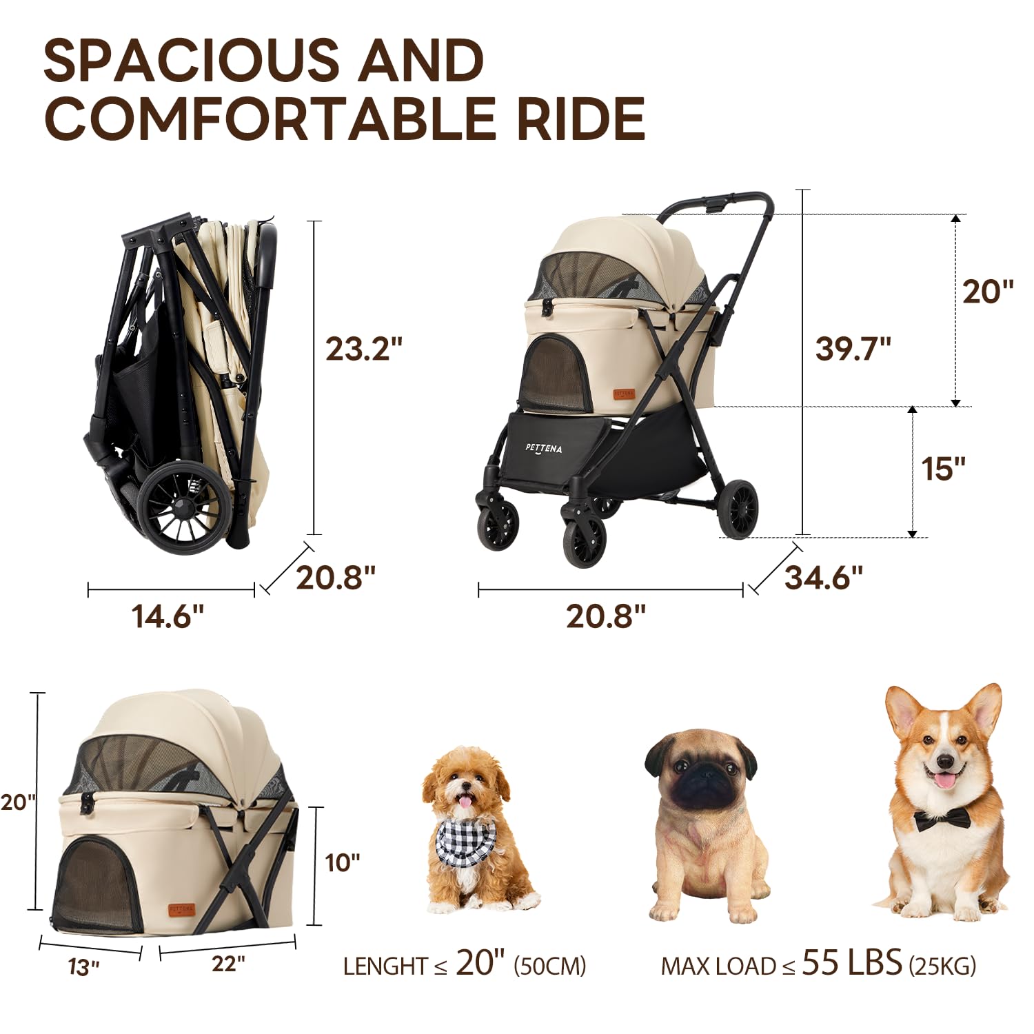 ?One-Pull Open Ver.? Pettena Dog Stroller For 2 Dogs, One-Touch Foldable Dog Stroller For Small/Medium Dogs Cats Up To 55 Lbs, K