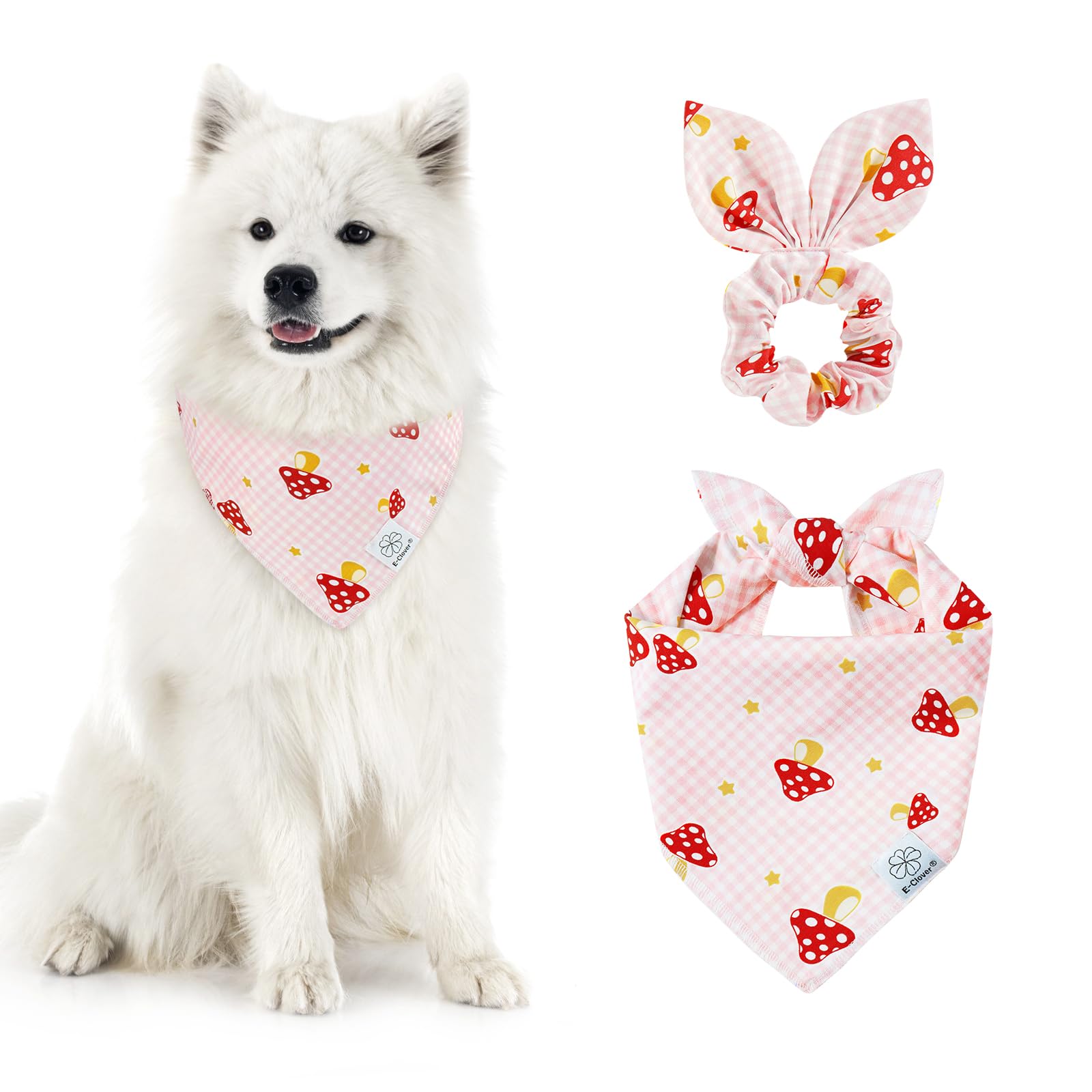 E-Clover Pink Buffalo Plaid Dog Bandanas & Matching Scrunchie Set Cute Dog Scarf Bibs Girl Pet Bandana With Bow Tie For Medium L