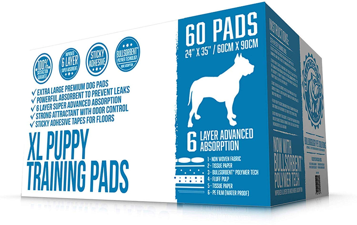 Bulldogology Puppy Pee Pads Xl With Adhesive Sticky Tape - Extra Large Dog Training Wee Pads (24X35) 6 Layers With Extra Quick Dry Bullsorbent Polymer Tech (60-Count, White)