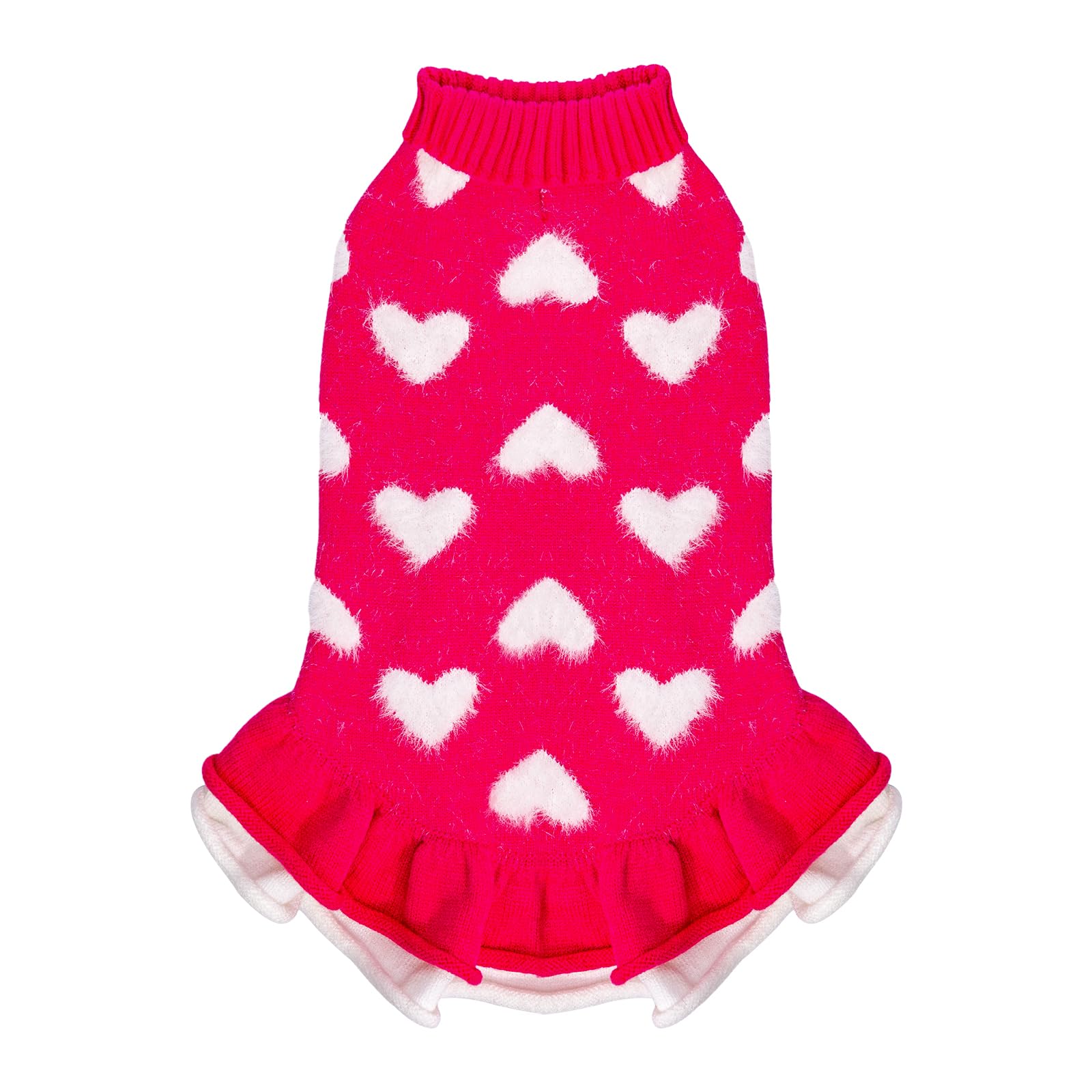 Cutebone Fancy Pink Dog Sweater Dress, Soft And Stretchy Dog Clothes For Small Medium Dogs Girl, Pink Heart Puppy Sweater Pullov