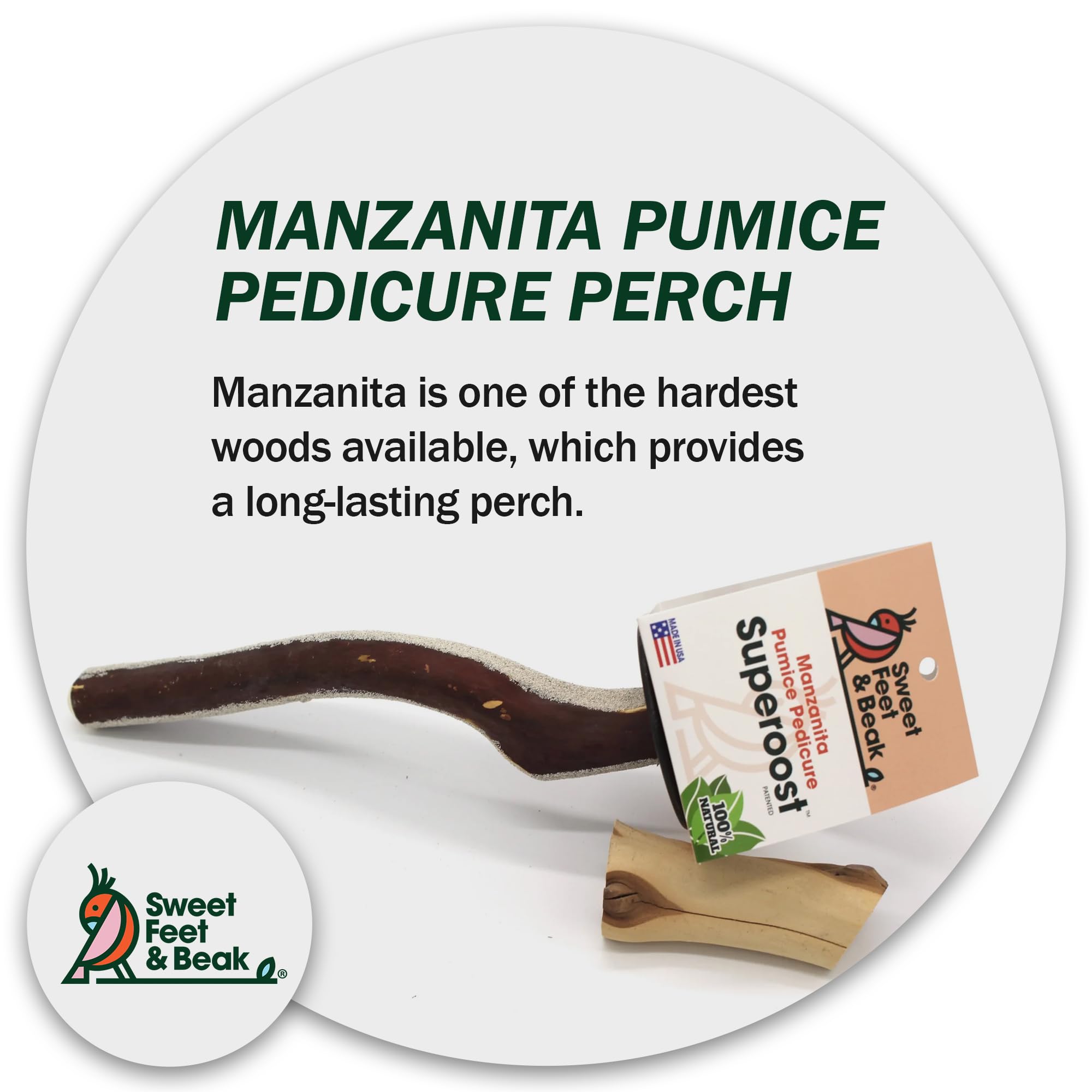 Sweet Feet And Beak Superoost Manzanita Pumice Pedicure Perch- Easy To Install Bird Cage Accessories For Healthy Feet, Nails And