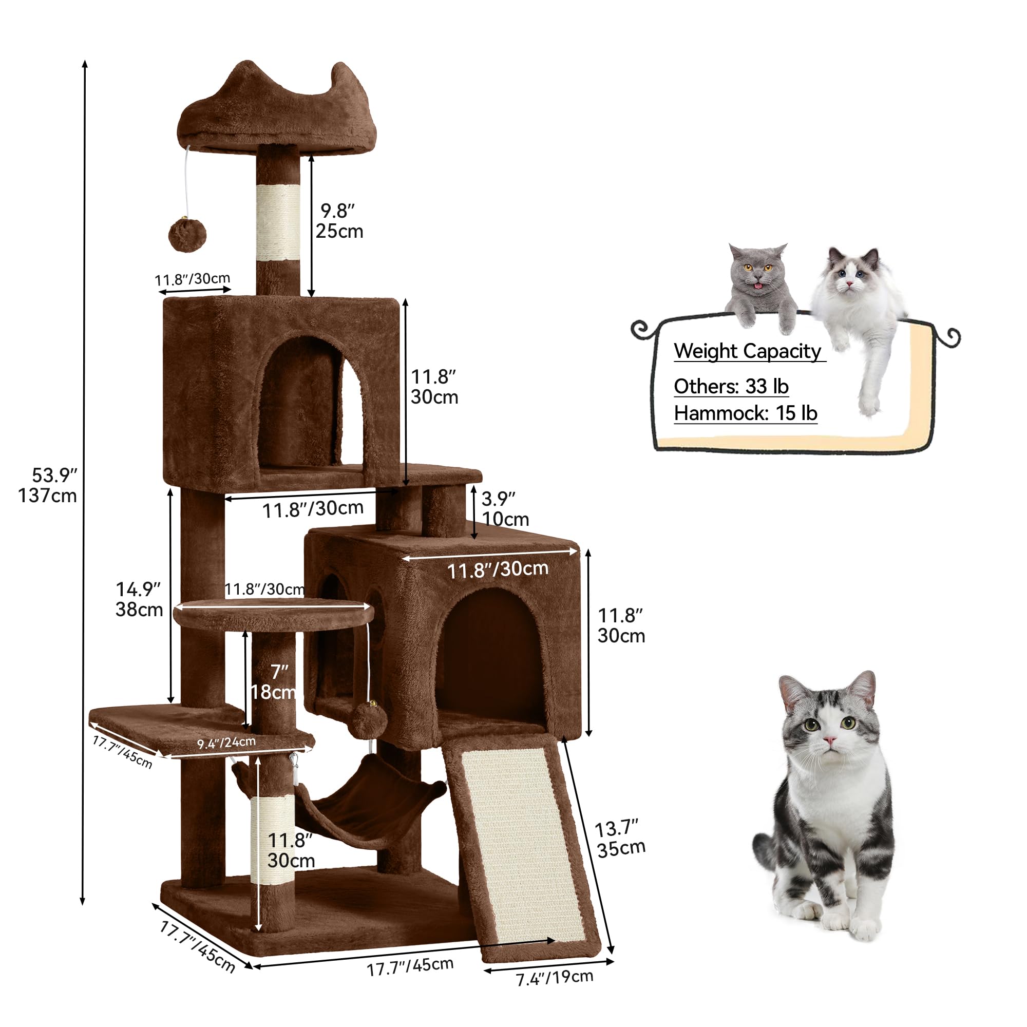 Yitahome 54In Cat Tree Tower Condo, Multi-Level With Sisal Scratching Post, Cat Condos, Plush Top Perches, Hammock, Space Saving
